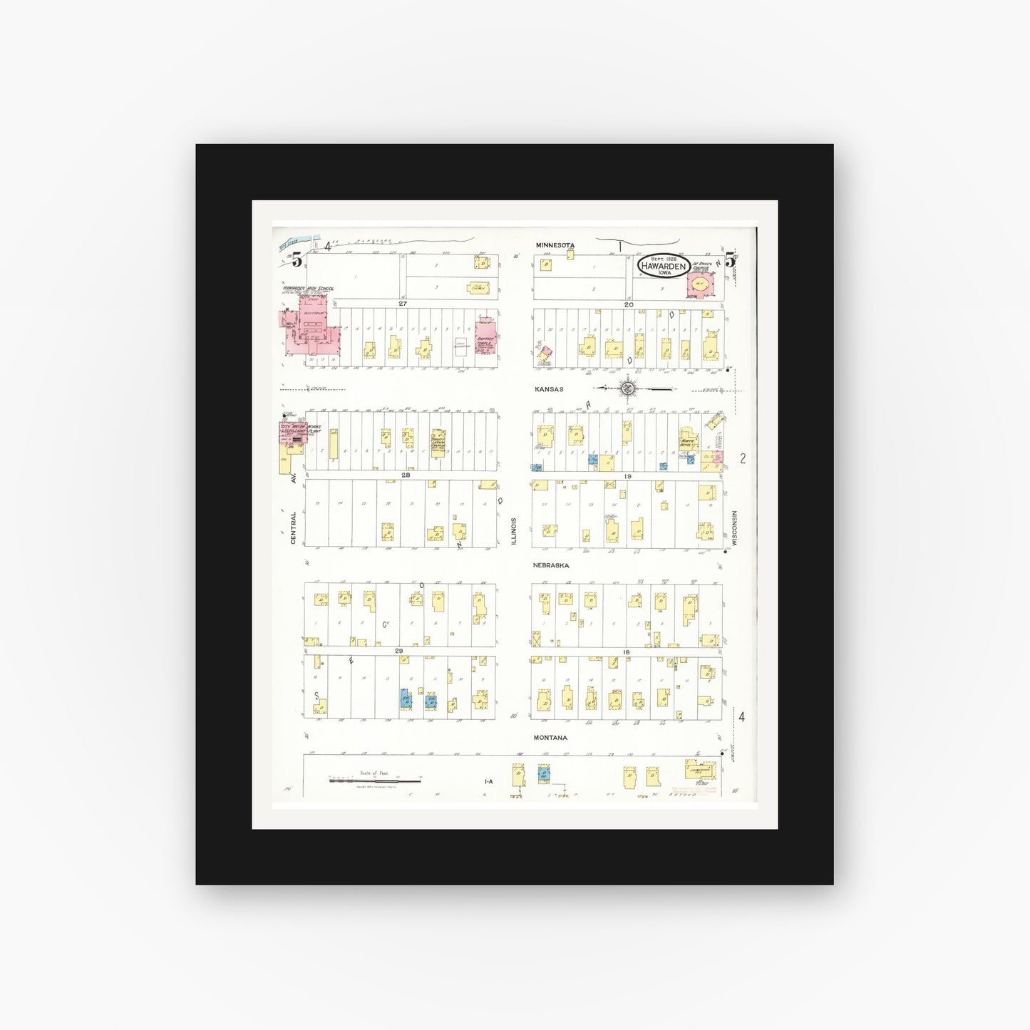 Old map wall art mockup — black gallery frame with white mat — Sanborn Fire Insurance Map from Hawarden, Sioux County, Iowa (1924), Sheet #0005