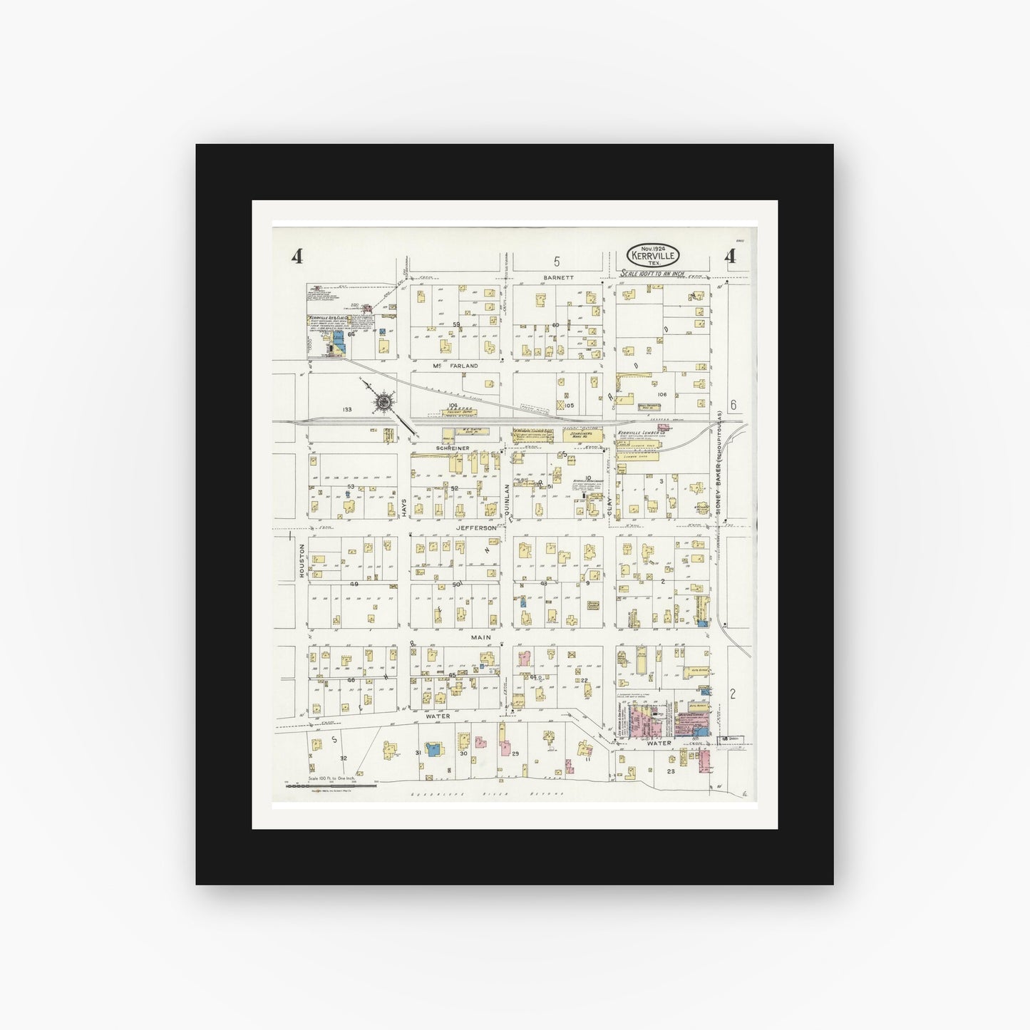 Old map wall art mockup — black gallery frame with white mat — Sanborn Fire Insurance Map from Kerrville, Kerr County, Texas (1924), Sheet #0004
