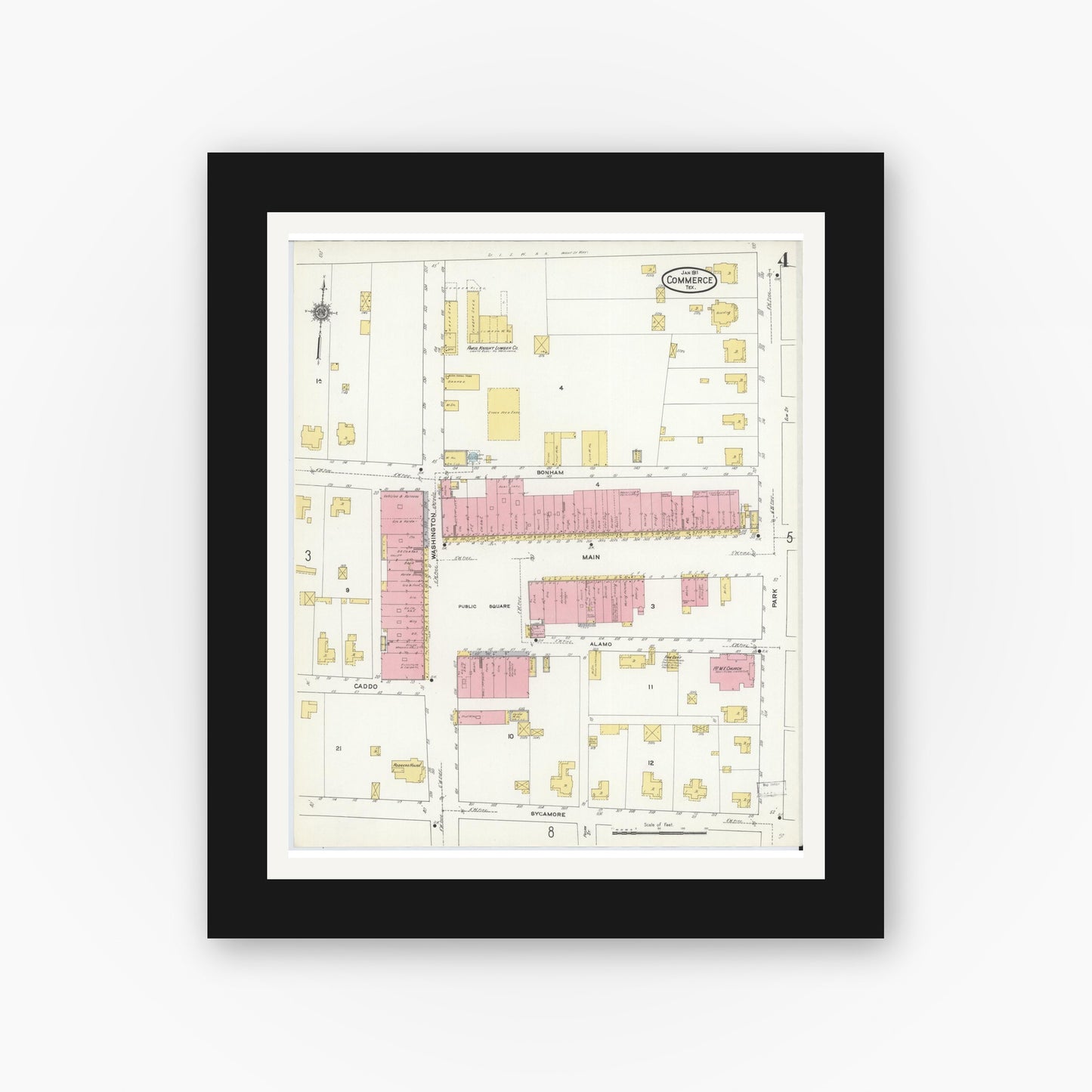 Old map wall art mockup — black gallery frame with white mat — Sanborn Fire Insurance Map from Commerce, Hunt County, Texas (1911), Sheet #0004