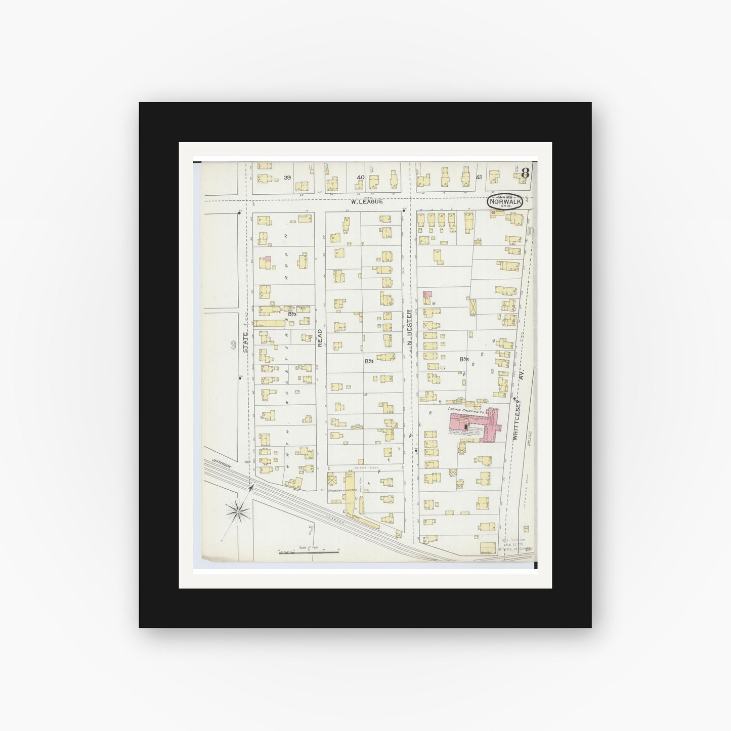 Old map wall art mockup — black gallery frame with white mat — Sanborn Fire Insurance Map from Norwalk, Huron County, Ohio (1893), Sheet #0008