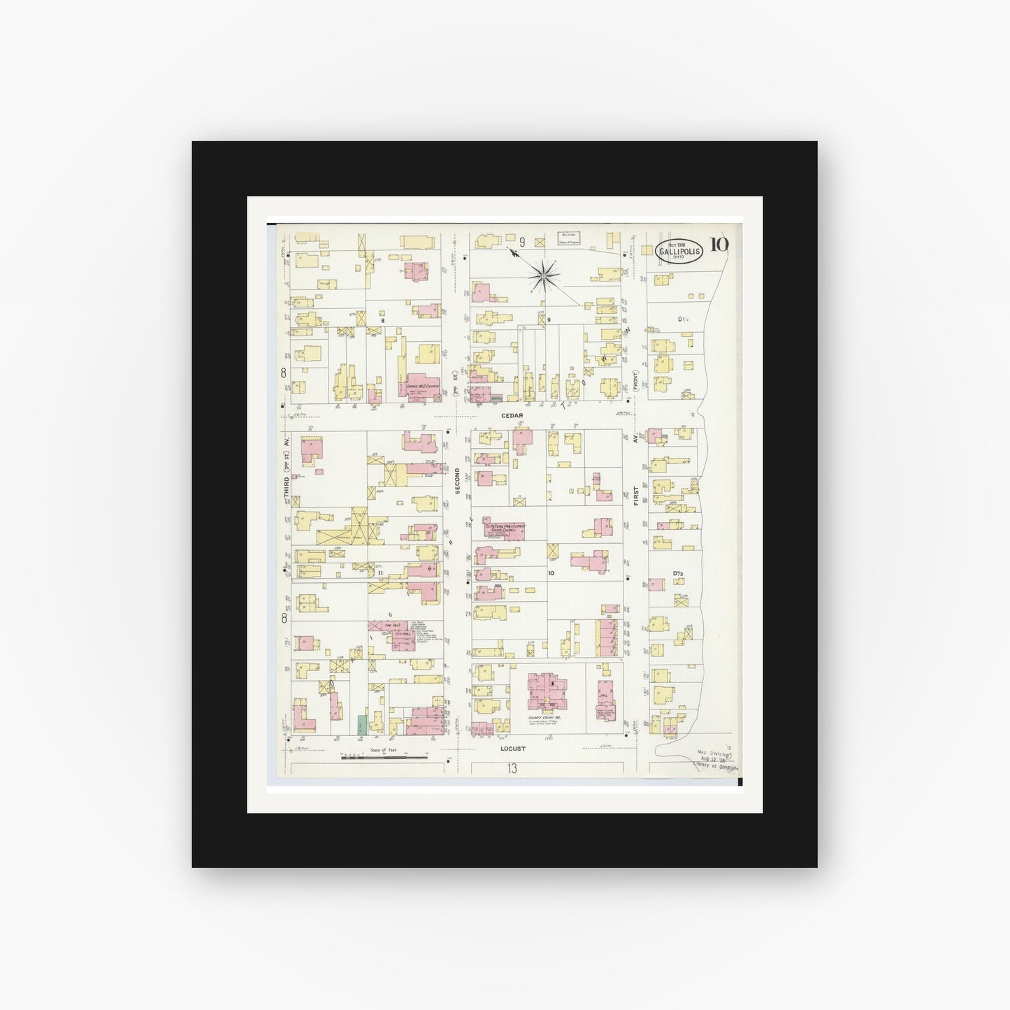 Old map wall art mockup — black gallery frame with white mat — Sanborn Fire Insurance Map from Gallipolis, Gallia County, Ohio (1908), Sheet #0010