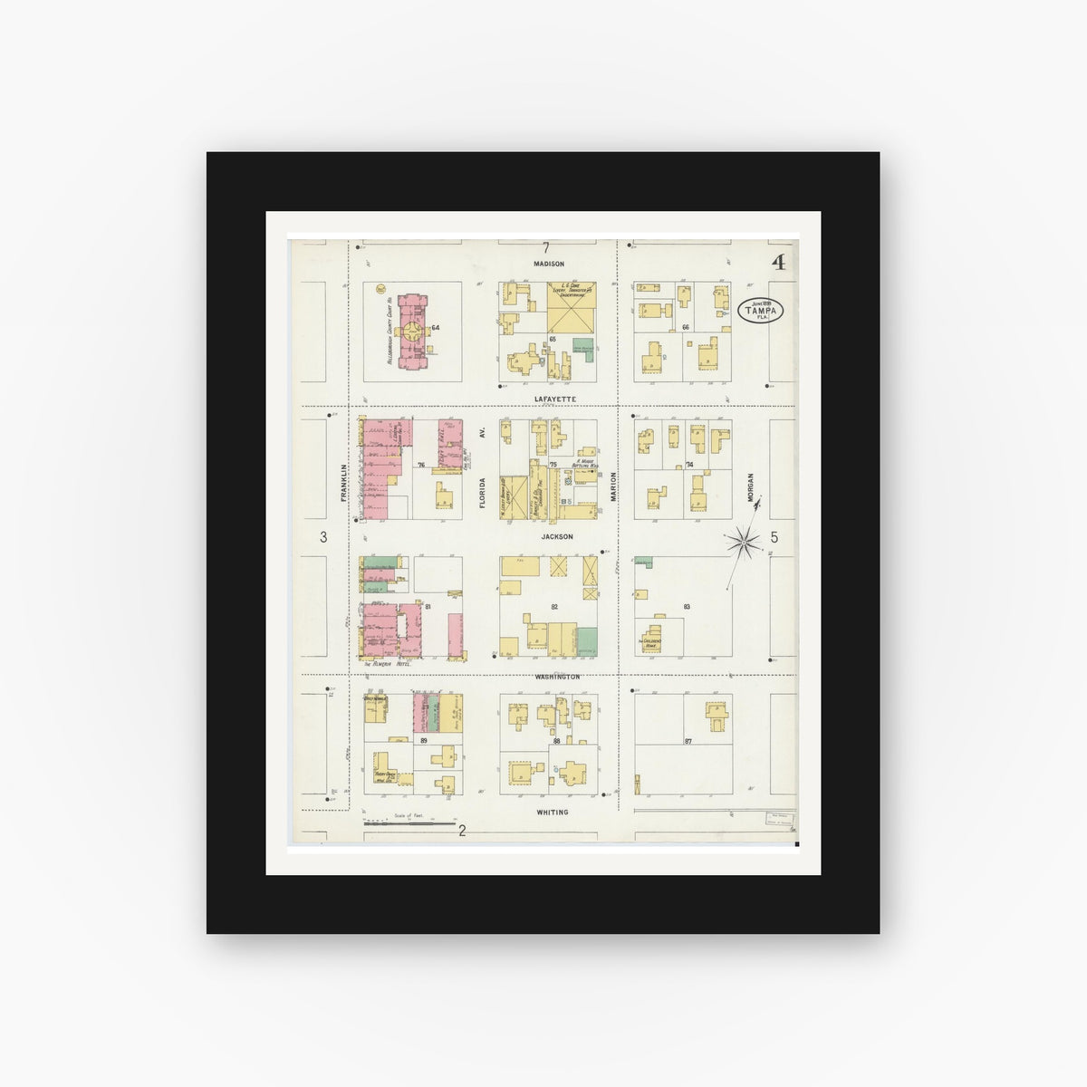 Old map wall art mockup — black gallery frame with white mat — Sanborn Fire Insurance Map from Tampa, Hillsborough County, Florida (1899), Sheet #0004