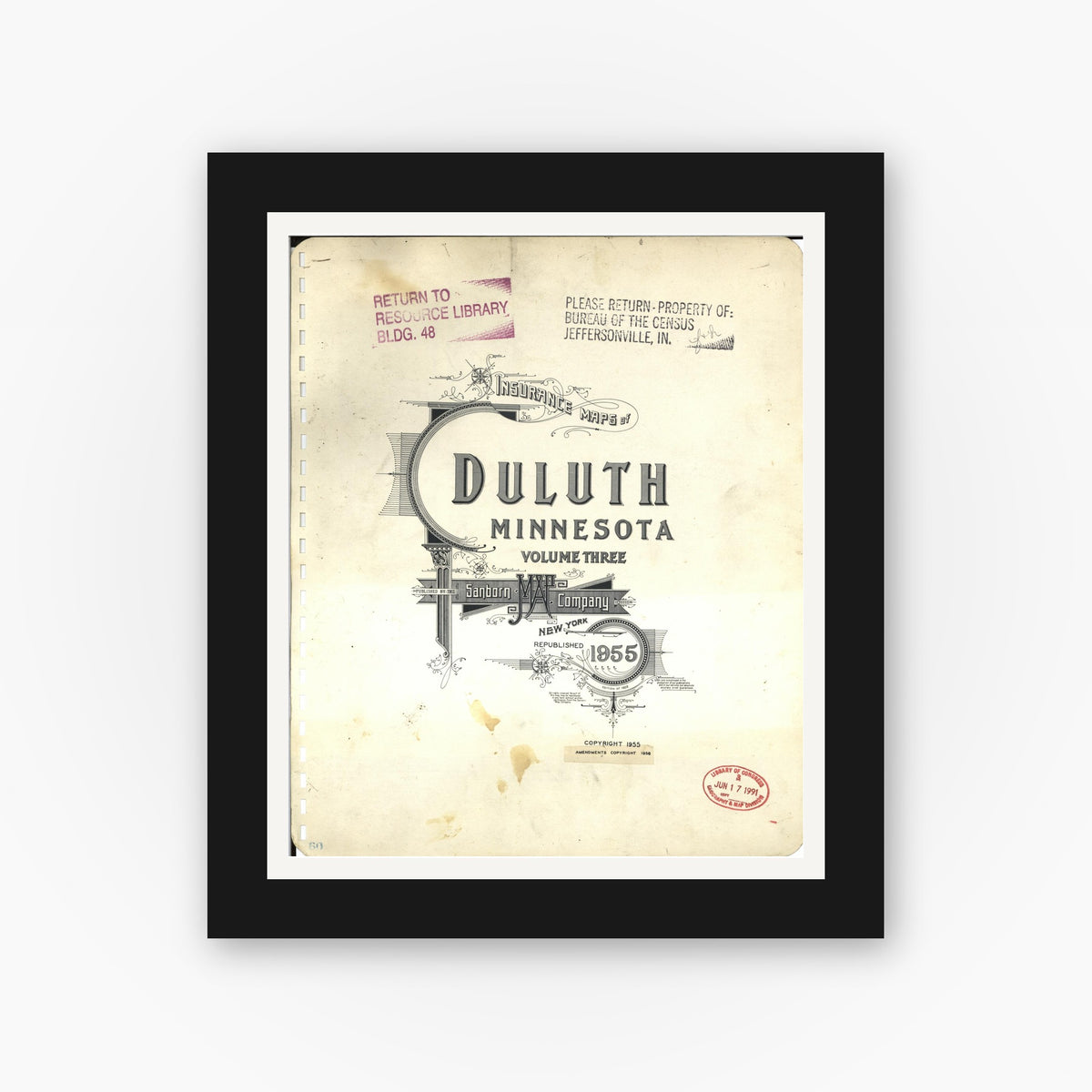 Old map wall art mockup — black gallery frame with white mat — Sanborn Fire Insurance Map from Duluth, Saint Louis County, Minnesota (1963), Sheet #0001