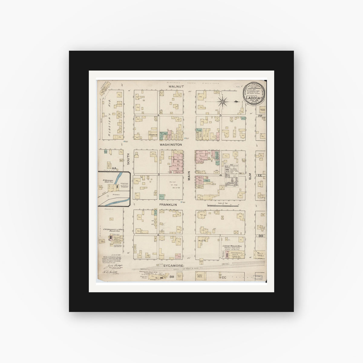 Old map wall art mockup — black gallery frame with white mat — Sanborn Fire Insurance Map from Ladoga, Montgomery County, Indiana (1886), Sheet #0001