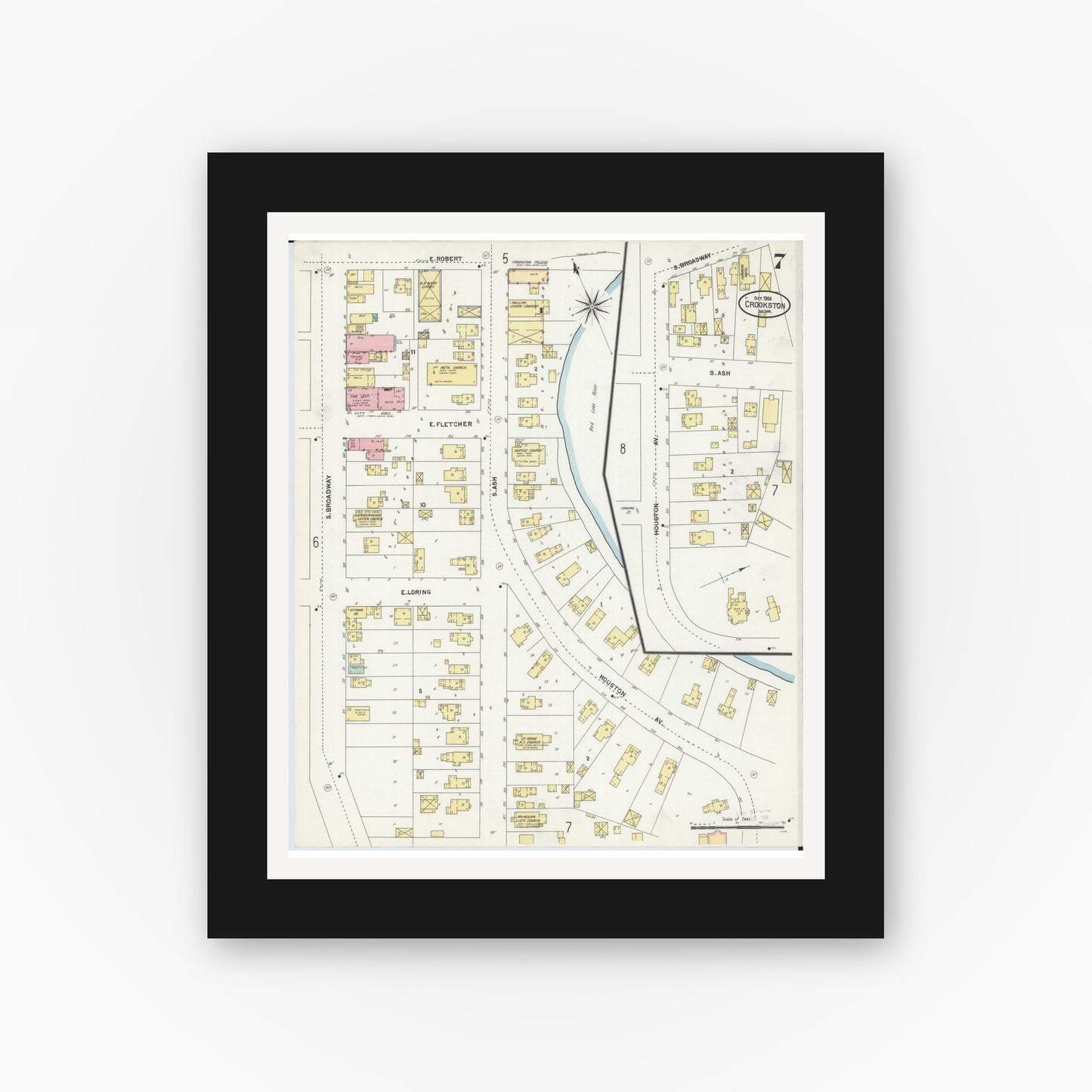 Old map wall art mockup — black gallery frame with white mat — Sanborn Fire Insurance Map from Crookston, Polk County, Minnesota (1906), Sheet #0007