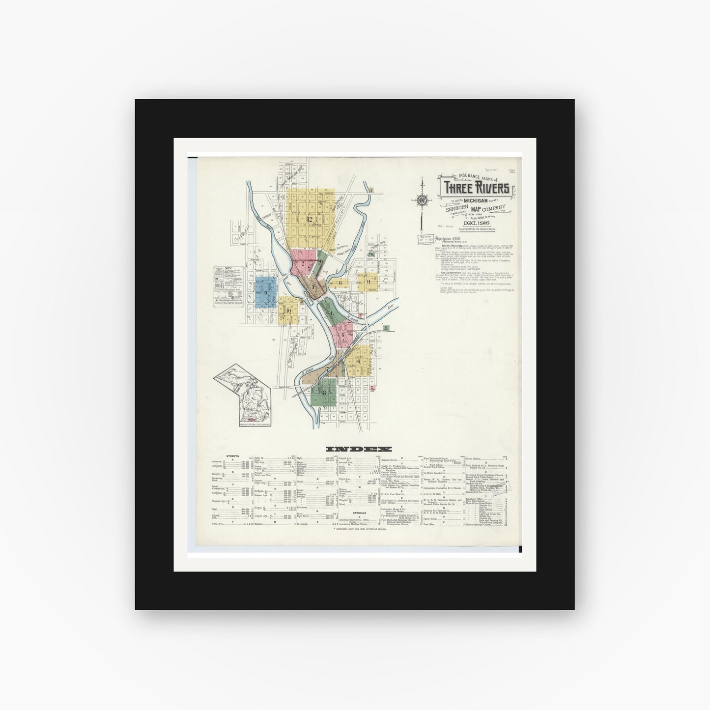 Old map wall art mockup — black gallery frame with white mat — Sanborn Fire Insurance Map from Three Rivers, Saint Joseph County, Michigan (1916) - Complete Map Set