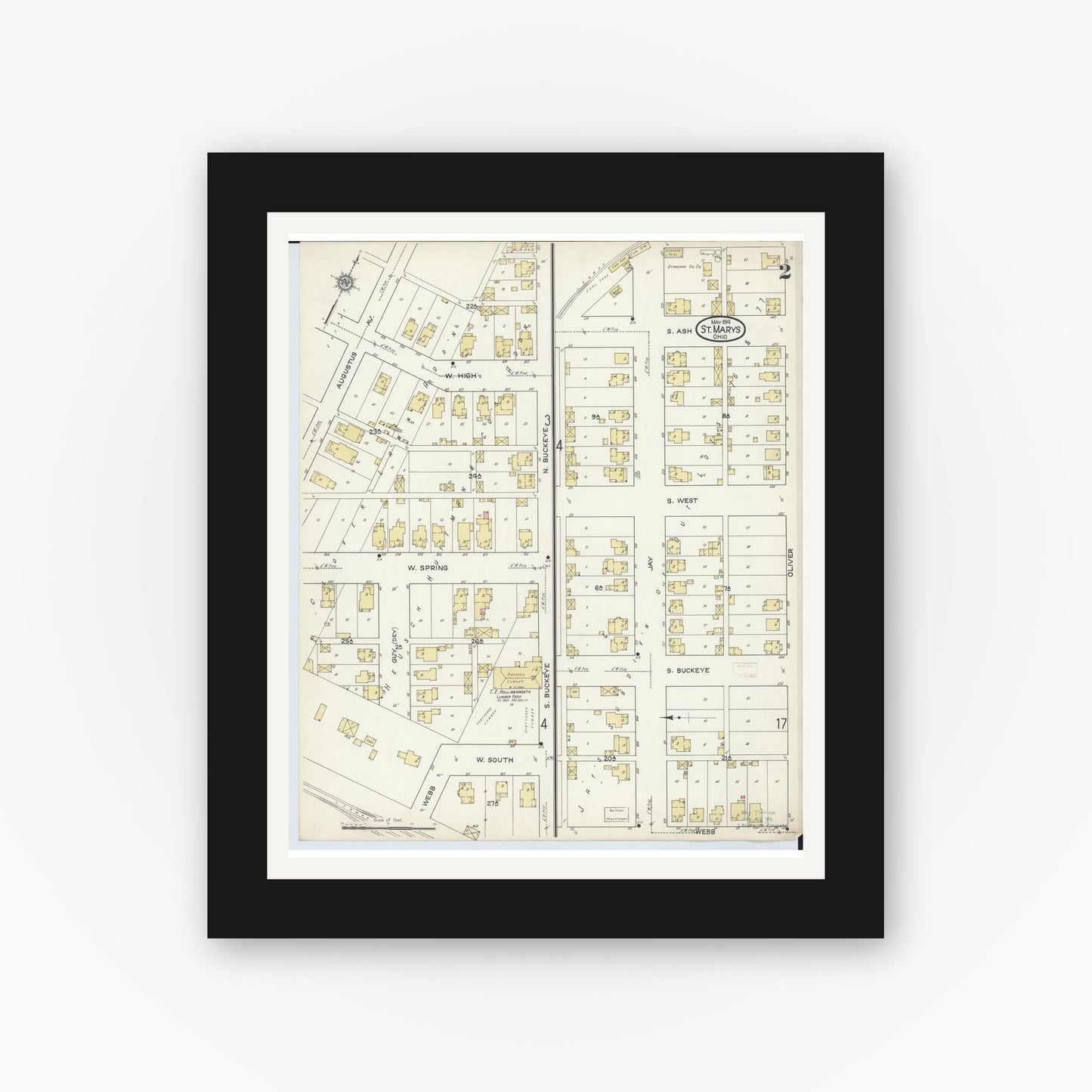 Old map wall art mockup — black gallery frame with white mat — Sanborn Fire Insurance Map from Saint Marys, Auglaize County, Ohio (1914), Sheet #0002