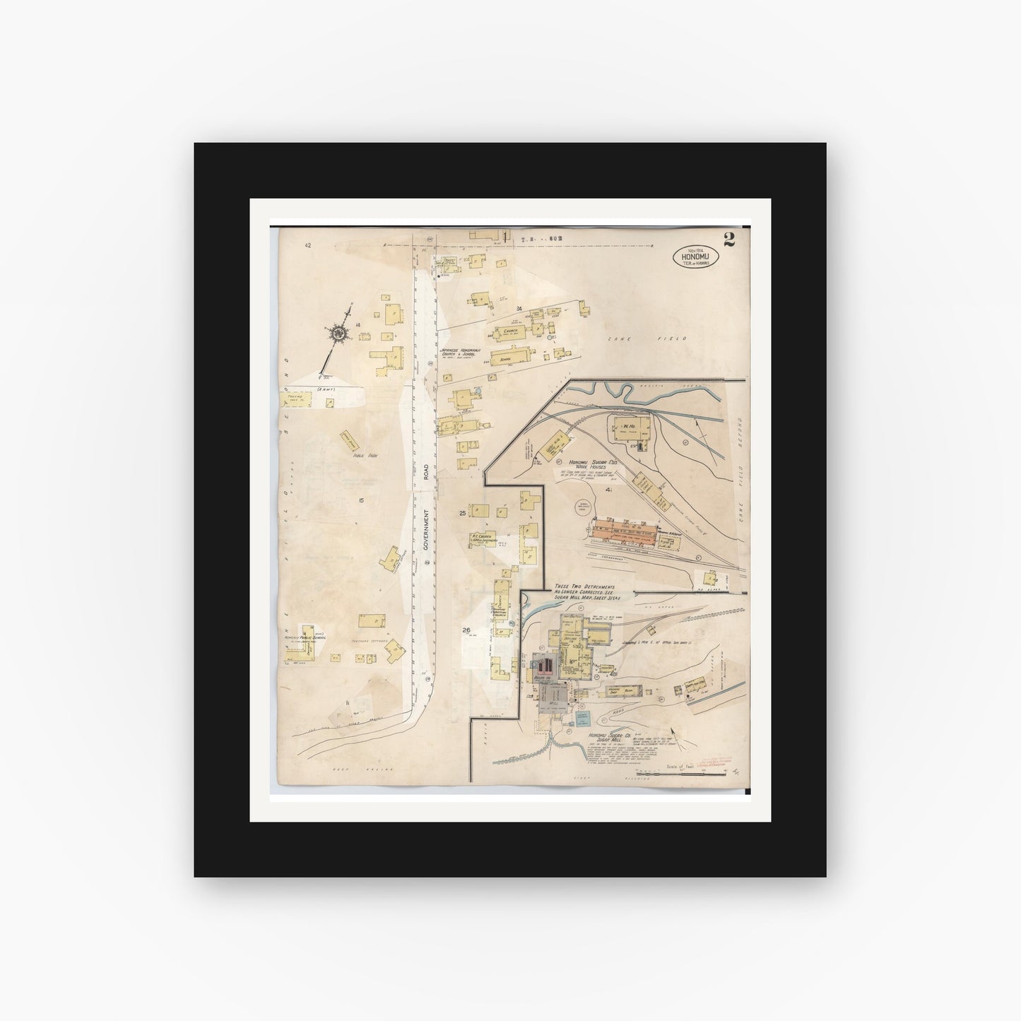Old map wall art mockup β black gallery frame with white mat β Sanborn Fire Insurance Map from Honomu, Hawaii County, Hawaii (1956), Sheet #0002