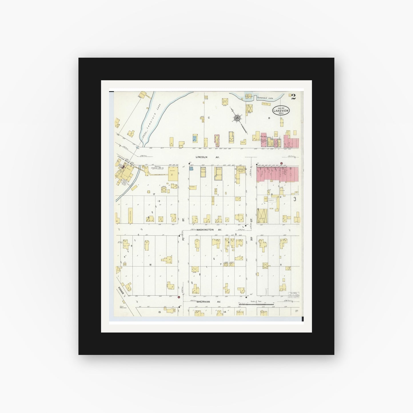 Old map wall art mockup — black gallery frame with white mat — Sanborn Fire Insurance Map from Lakeview, Montcalm County, Michigan (1911), Sheet #0002