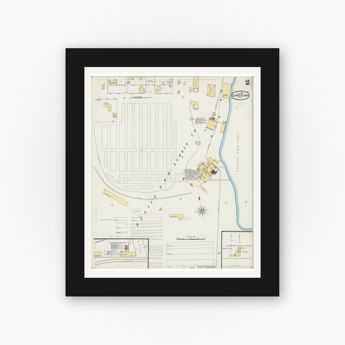 Old map wall art mockup — black gallery frame with white mat — Sanborn Fire Insurance Map from Cumberland, Barron County, Wisconsin (1893) - Complete Map Set