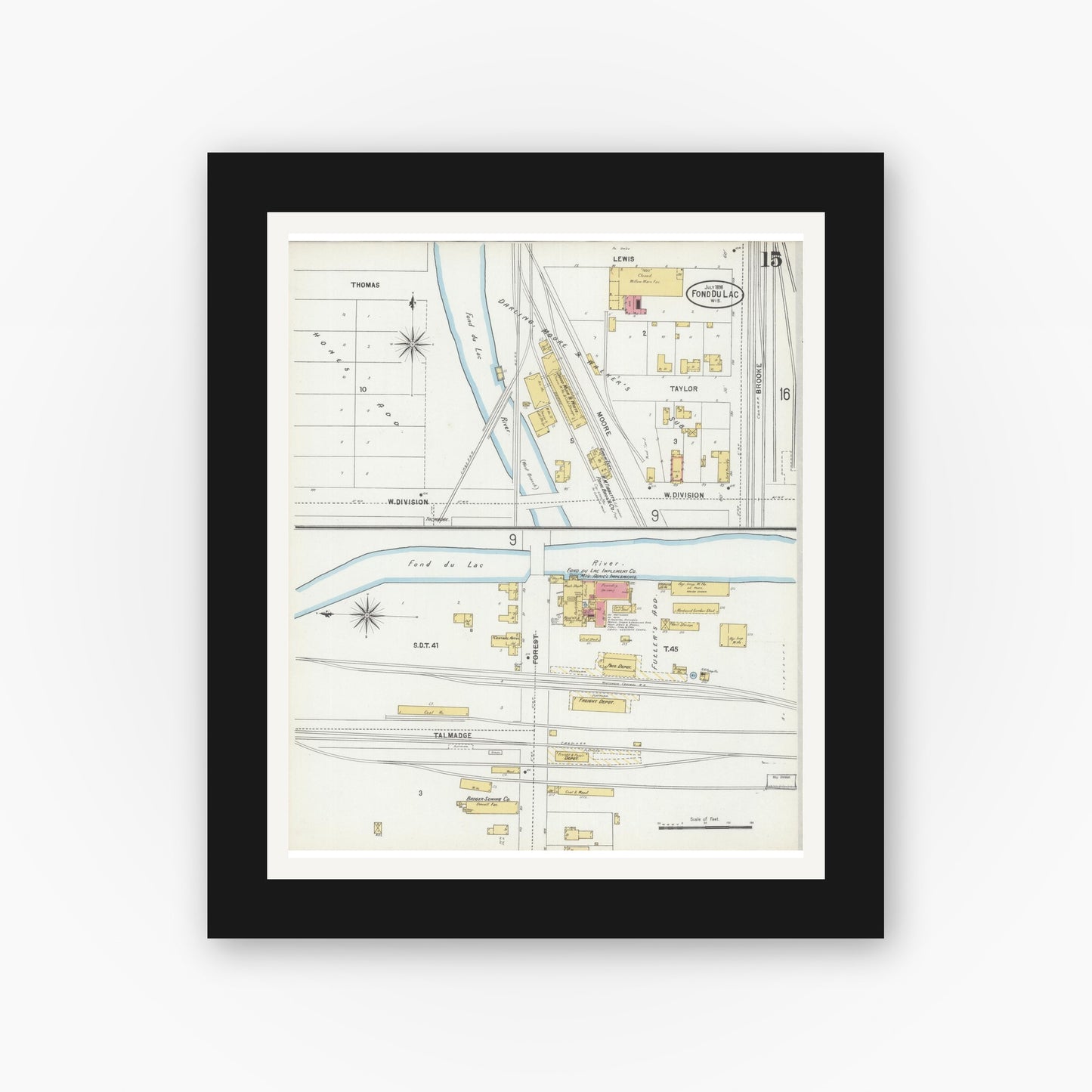 Old map wall art mockup — black gallery frame with white mat — Sanborn Fire Insurance Map from Fond du Lac, Fond du Lac County, Wisconsin (1898), Sheet #0015
