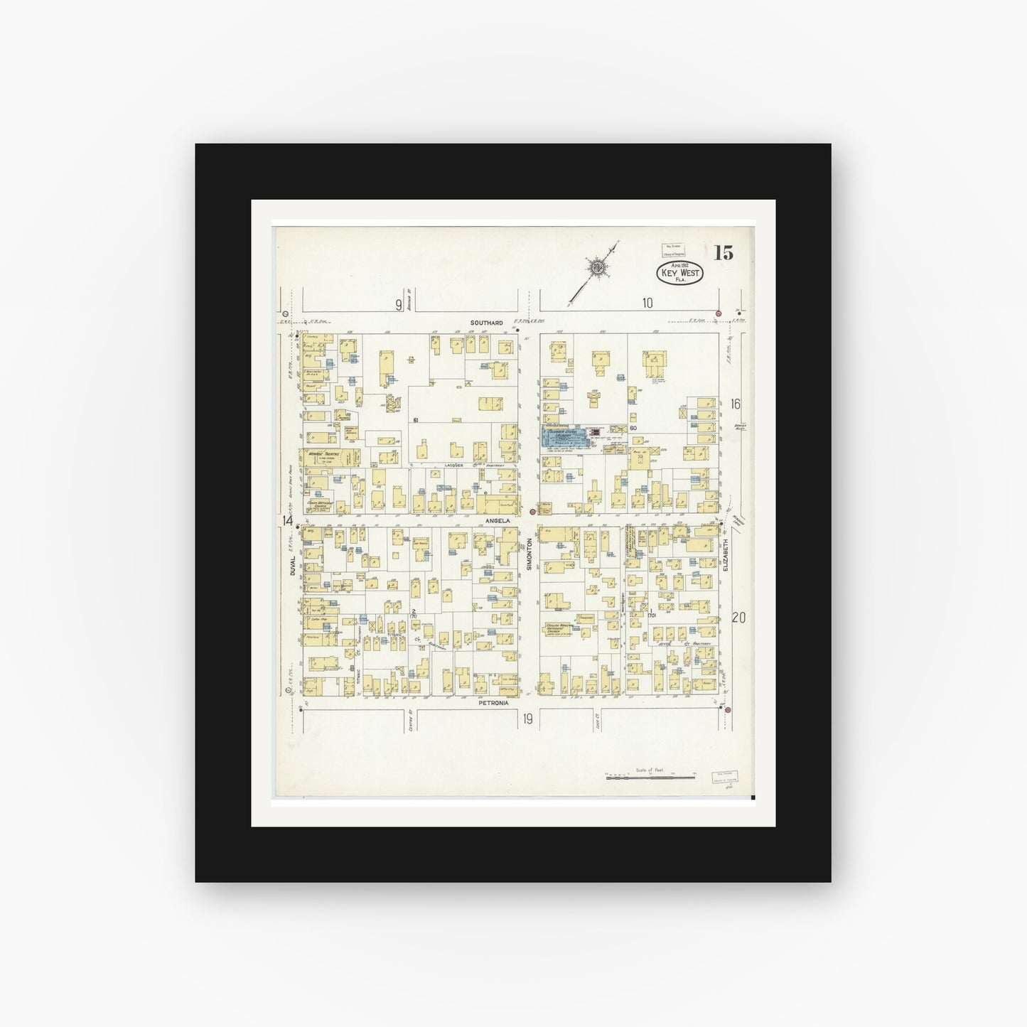 Old map wall art mockup — black gallery frame with white mat — Sanborn Fire Insurance Map from Key West, Monroe County, Florida (1912), Sheet #0015