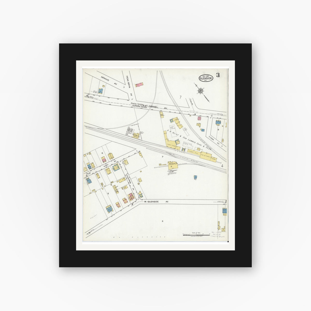 Old map wall art mockup — black gallery frame with white mat — Sanborn Fire Insurance Map from Glenside, Montgomery County, Pennsylvania (1920), Sheet #0003
