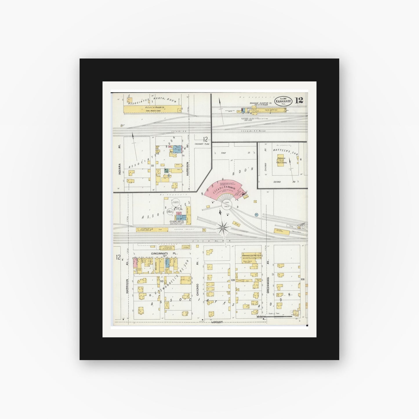 Old map wall art mockup — black gallery frame with white mat — Sanborn Fire Insurance Map from Kankakee, Kankakee County, Illinois (1901), Sheet #0012