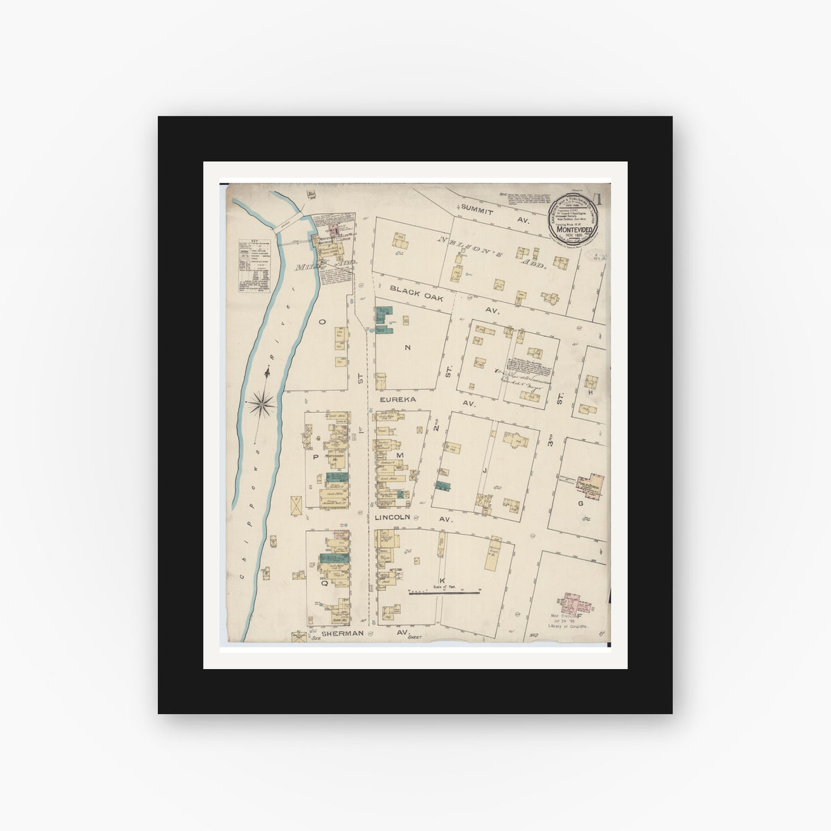 Old map wall art mockup — black gallery frame with white mat — Sanborn Fire Insurance Map from Montevideo, Chippewa County, Minnesota (1885), Sheet #0001