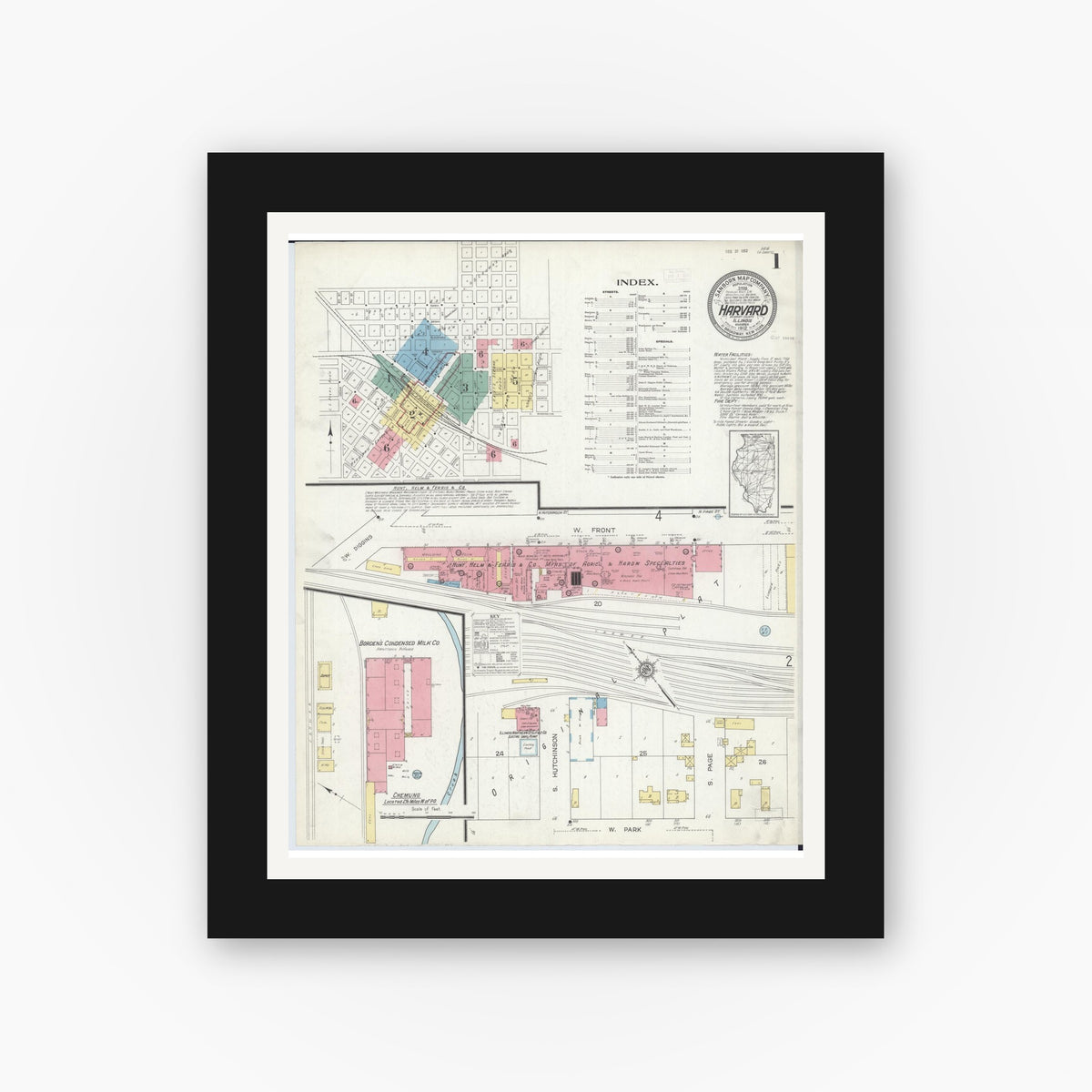 Old map wall art mockup — black gallery frame with white mat — Sanborn Fire Insurance Map from Harvard, McHenry County, Illinois (1912), Sheet #0001