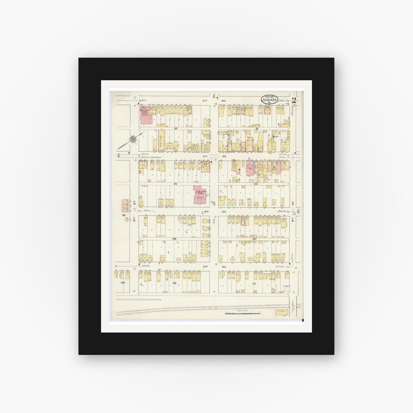 Old map wall art mockup — black gallery frame with white mat — Sanborn Fire Insurance Map from Juniata, Blair County, Pennsylvania (1915), Sheet #0002