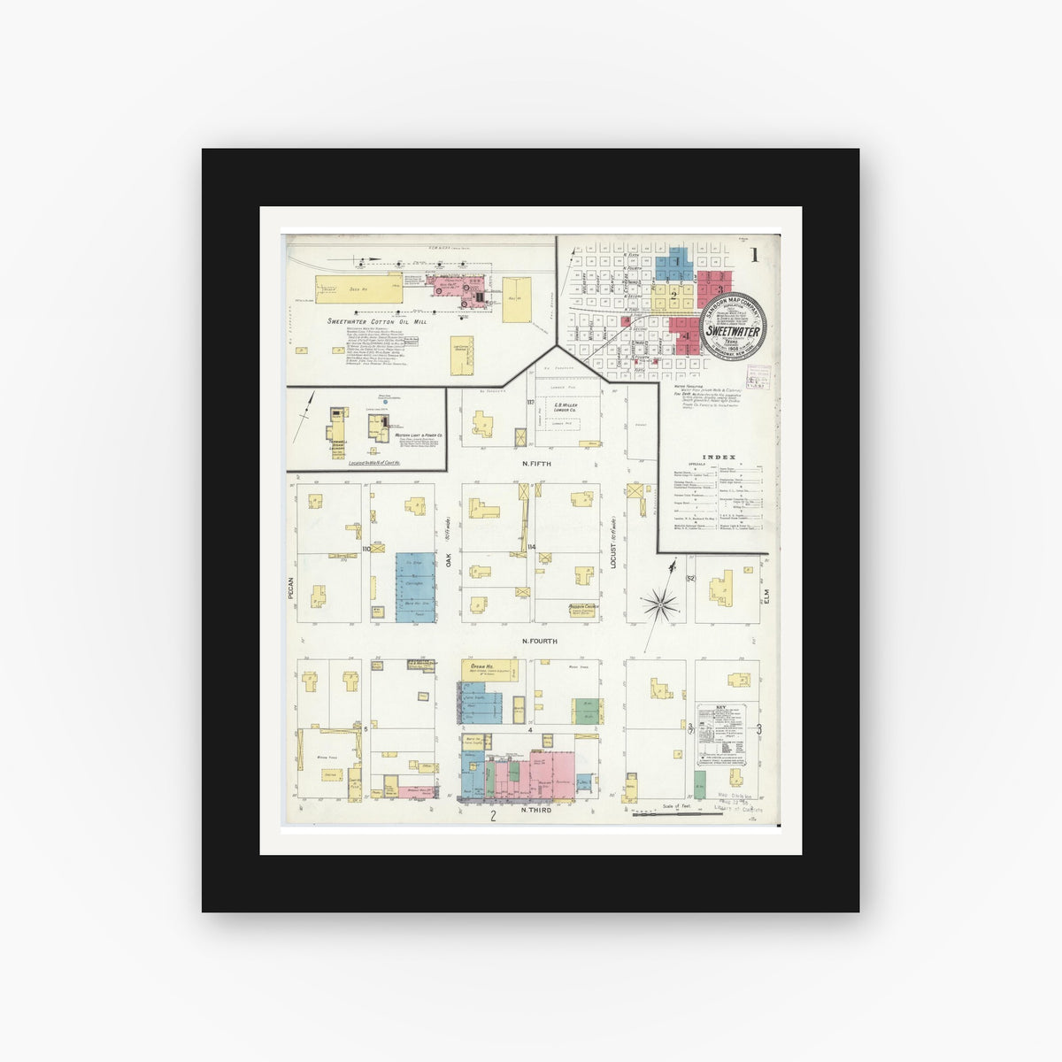 Old map wall art mockup — black gallery frame with white mat — Sanborn Fire Insurance Map from Sweetwater, Nolan County, Texas (1908), Sheet #0001