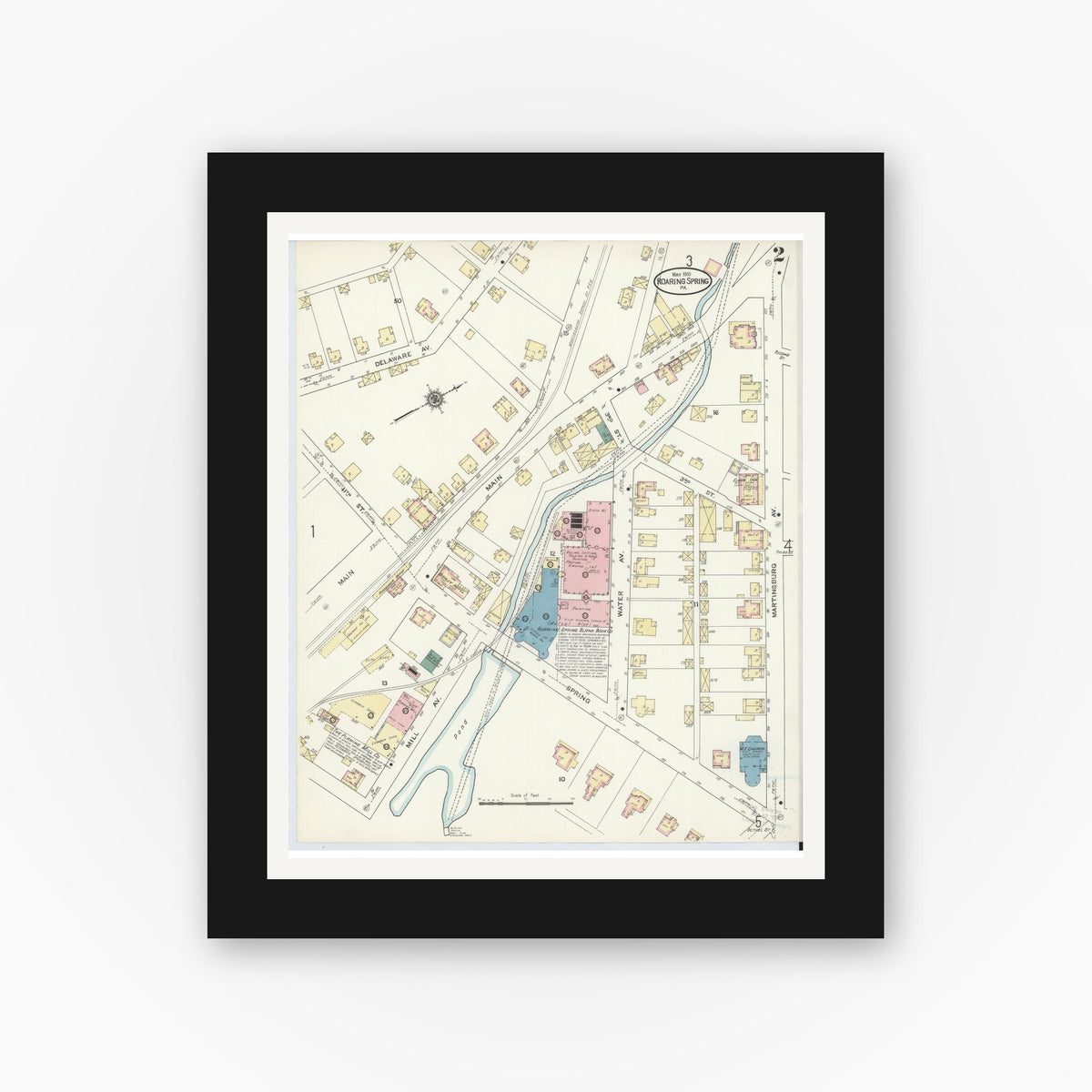 Old map wall art mockup — black gallery frame with white mat — Sanborn Fire Insurance Map from Roaring Spring, Blair County, Pennsylvania (1910), Sheet #0002