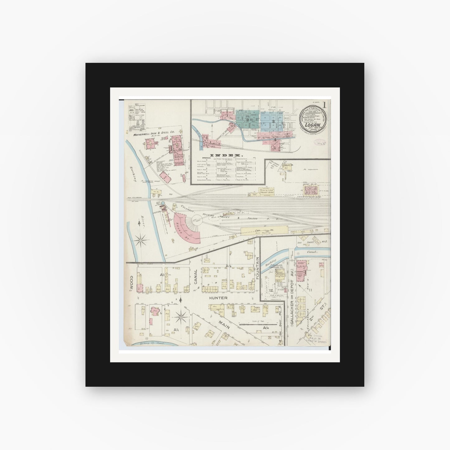 Old map wall art mockup — black gallery frame with white mat — Sanborn Fire Insurance Map from Logan, Hocking County, Ohio (1886) - Complete Map Set