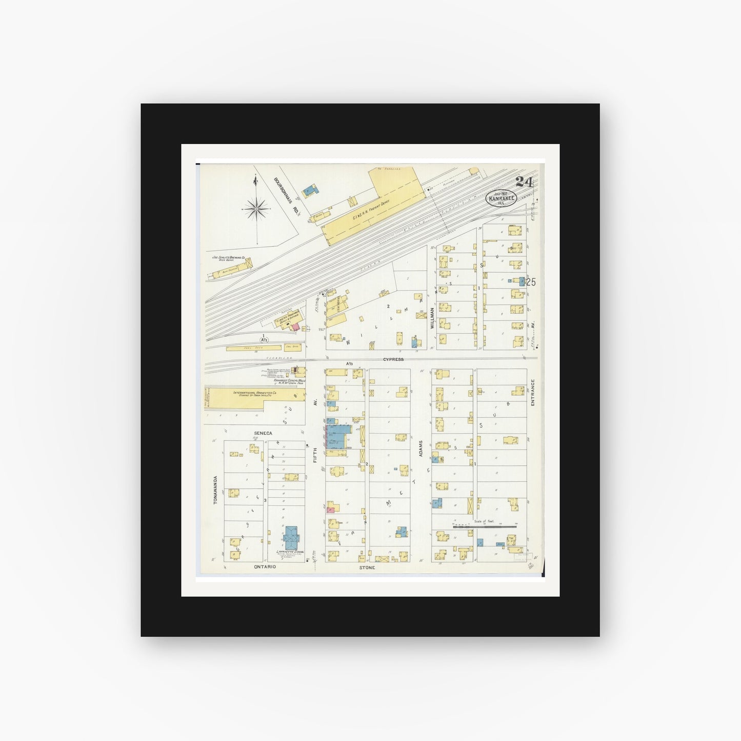 Old map wall art mockup — black gallery frame with white mat — Sanborn Fire Insurance Map from Kankakee, Kankakee County, Illinois (1907), Sheet #0024