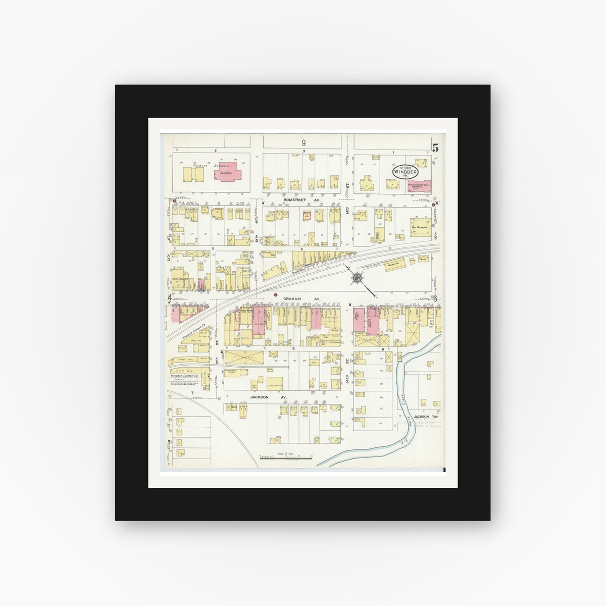 Old map wall art mockup — black gallery frame with white mat — Sanborn Fire Insurance Map from Windber, Somerset County, Pennsylvania (1910), Sheet #0005