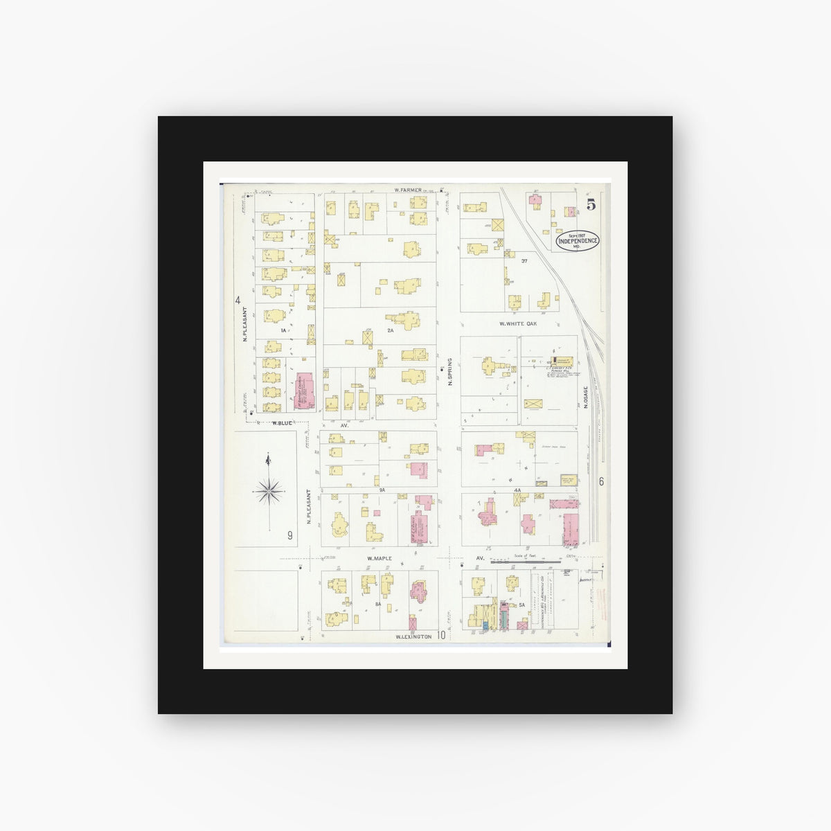 Old map wall art mockup — black gallery frame with white mat — Sanborn Fire Insurance Map from Independence, Jackson County, Missouri (1907), Sheet #0005