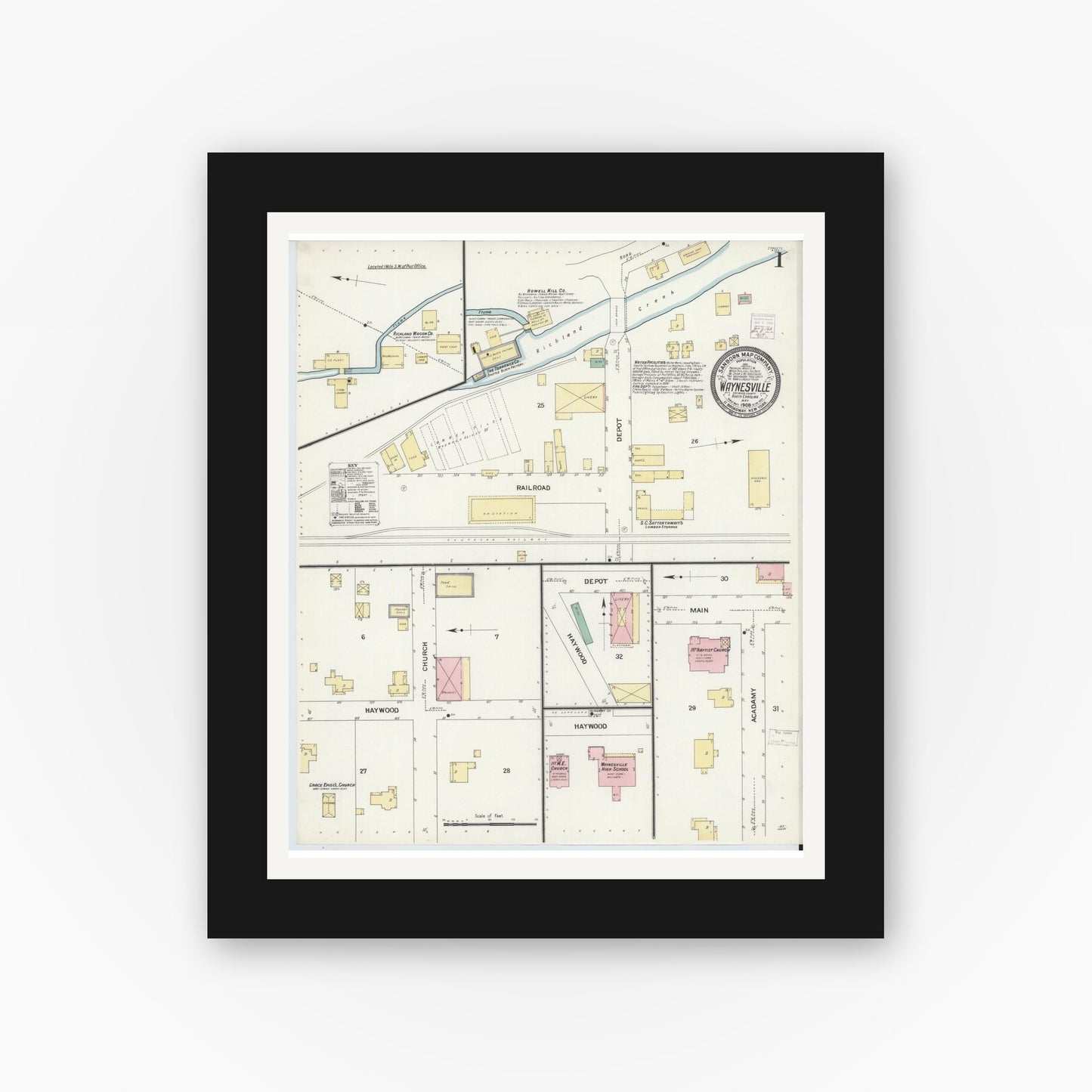 Old map wall art mockup — black gallery frame with white mat — Sanborn Fire Insurance Map from Waynesville, Haywood County, North Carolina (1908), Sheet #0001