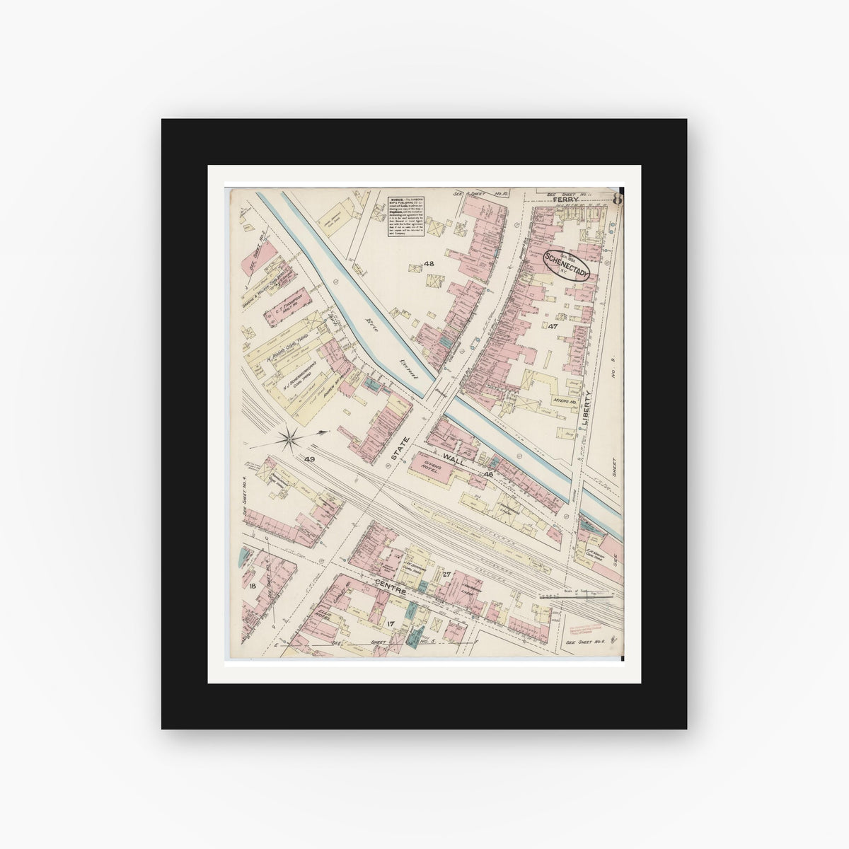 Old map wall art mockup — black gallery frame with white mat — Sanborn Fire Insurance Map from Schenectady, Schenectady County, New York (1884), Sheet #0008
