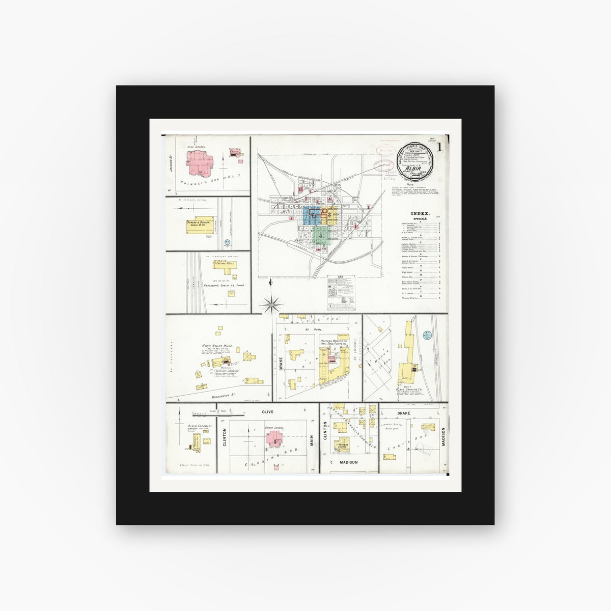 Old map wall art mockup — black gallery frame with white mat — Sanborn Fire Insurance Map from Albia, Monroe County, Iowa (1899), Sheet #0001