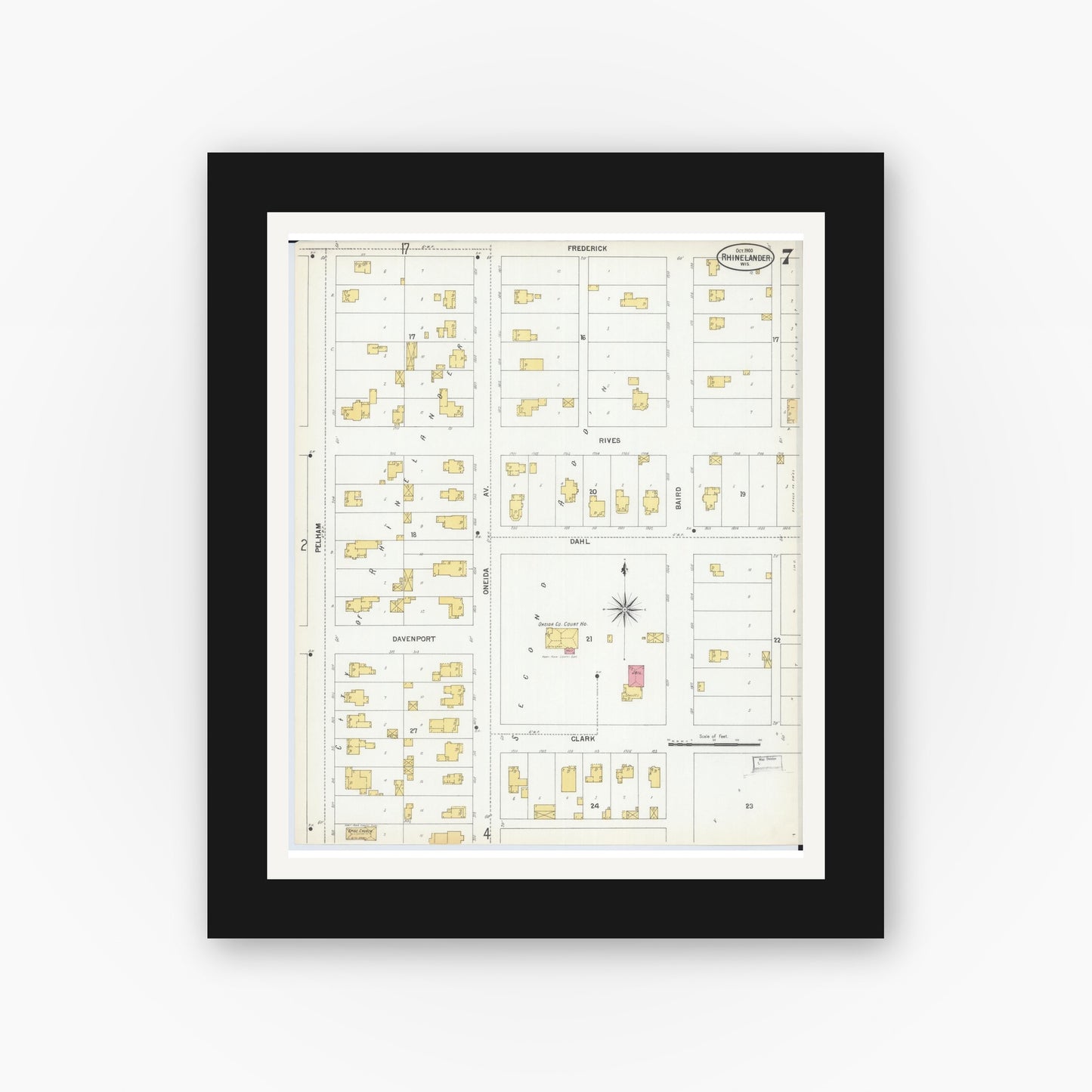 Old map wall art mockup — black gallery frame with white mat — Sanborn Fire Insurance Map from Rhinelander, Oneida County, Wisconsin (1900), Sheet #0007