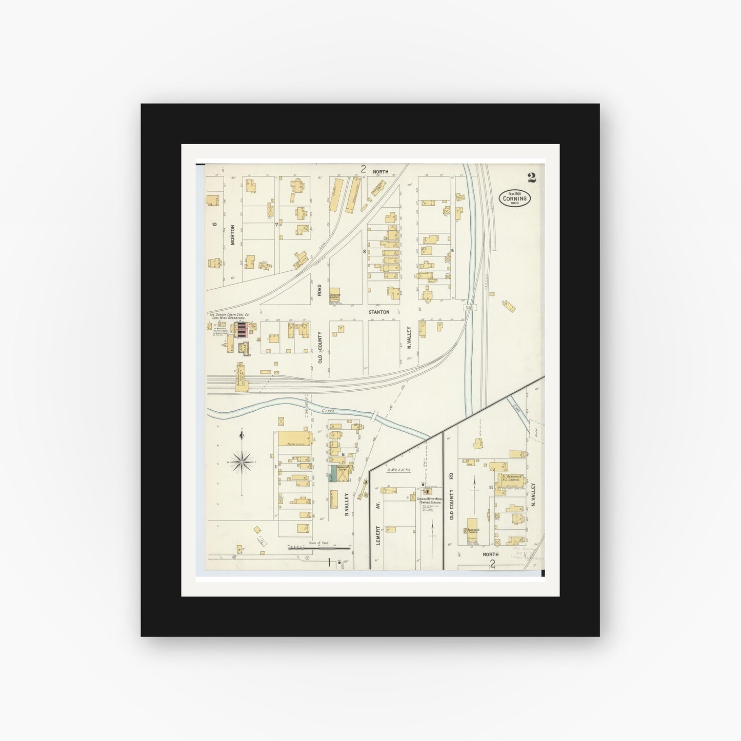 Old map wall art mockup — black gallery frame with white mat — Sanborn Fire Insurance Map from Corning, Perry County, Ohio (1900), Sheet #0002