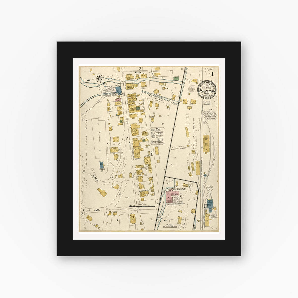 Old map wall art mockup — black gallery frame with white mat — Sanborn Fire Insurance Map from Blairstown, Warren County, New Jersey (1903), Sheet #0001