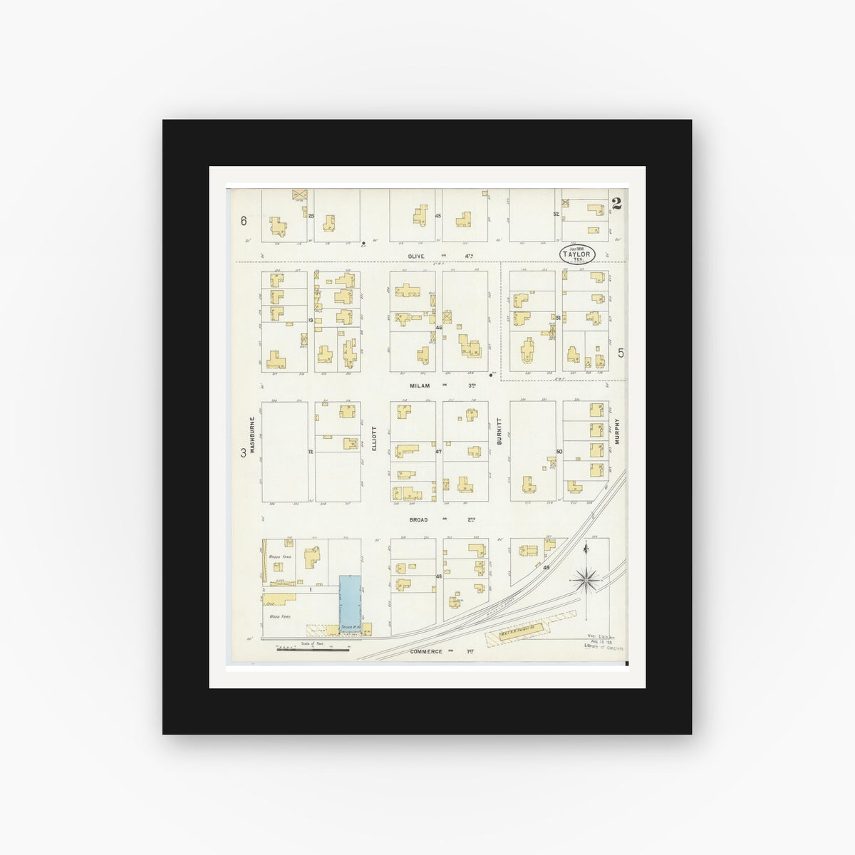 Old map wall art mockup — black gallery frame with white mat — Sanborn Fire Insurance Map from Taylor, Williamson County, Texas (1898), Sheet #0002