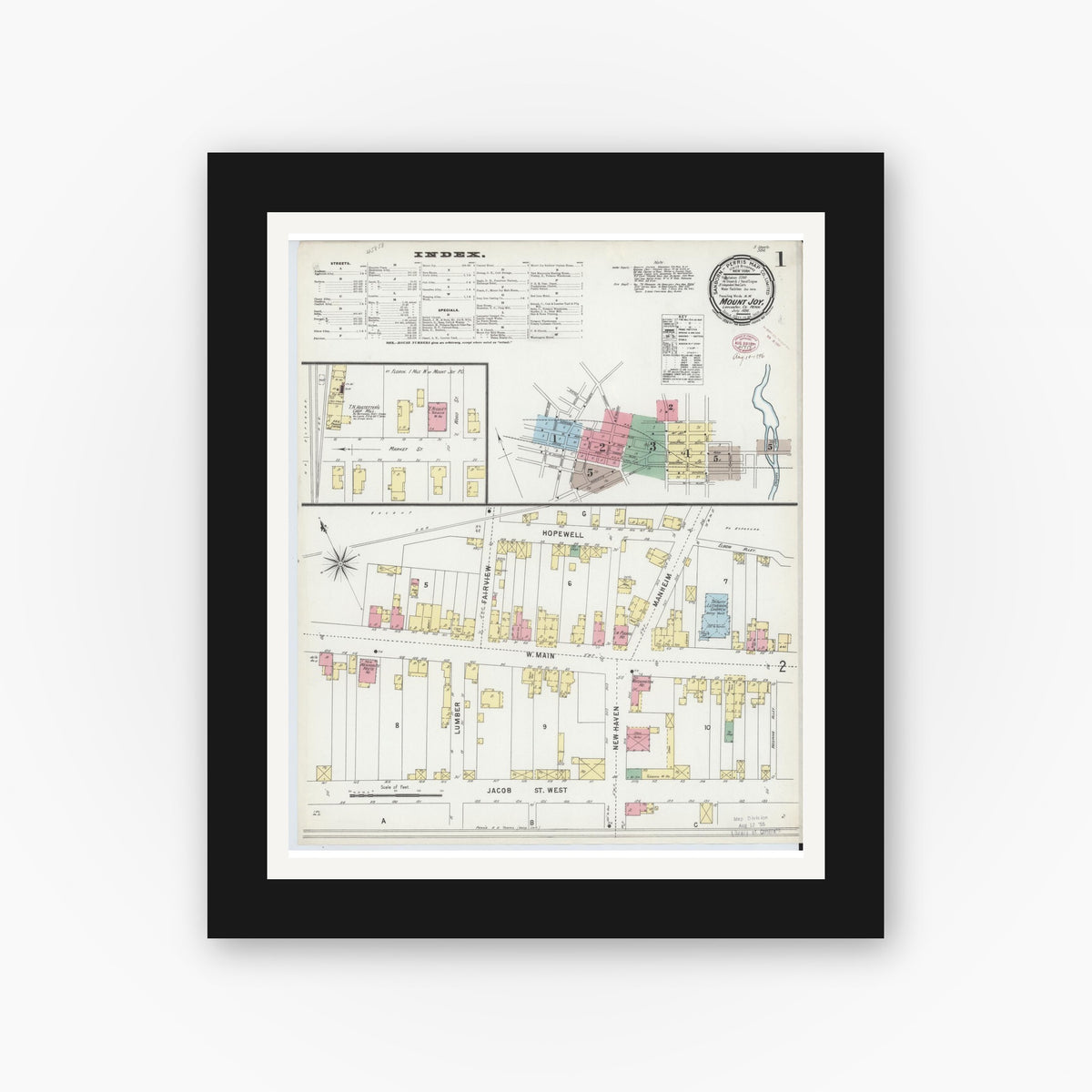 Old map wall art mockup — black gallery frame with white mat — Sanborn Fire Insurance Map from Mount Joy, Lancaster County, Pennsylvania (1896), Sheet #0001