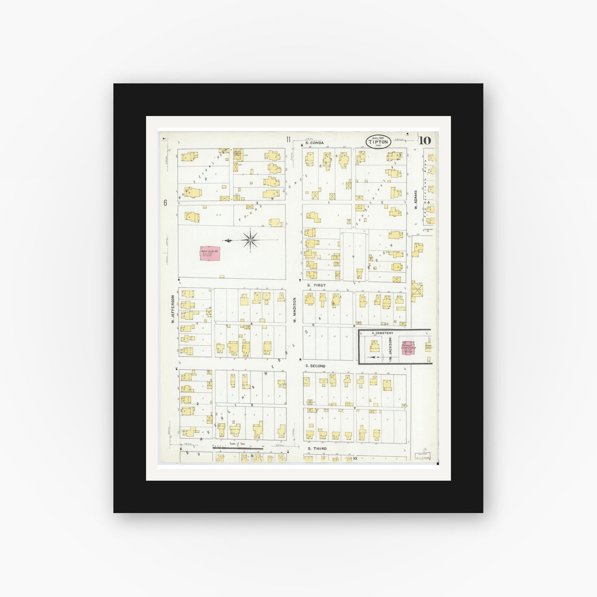 Old map wall art mockup — black gallery frame with white mat — Sanborn Fire Insurance Map from Tipton, Tipton County, Indiana (1909), Sheet #0010