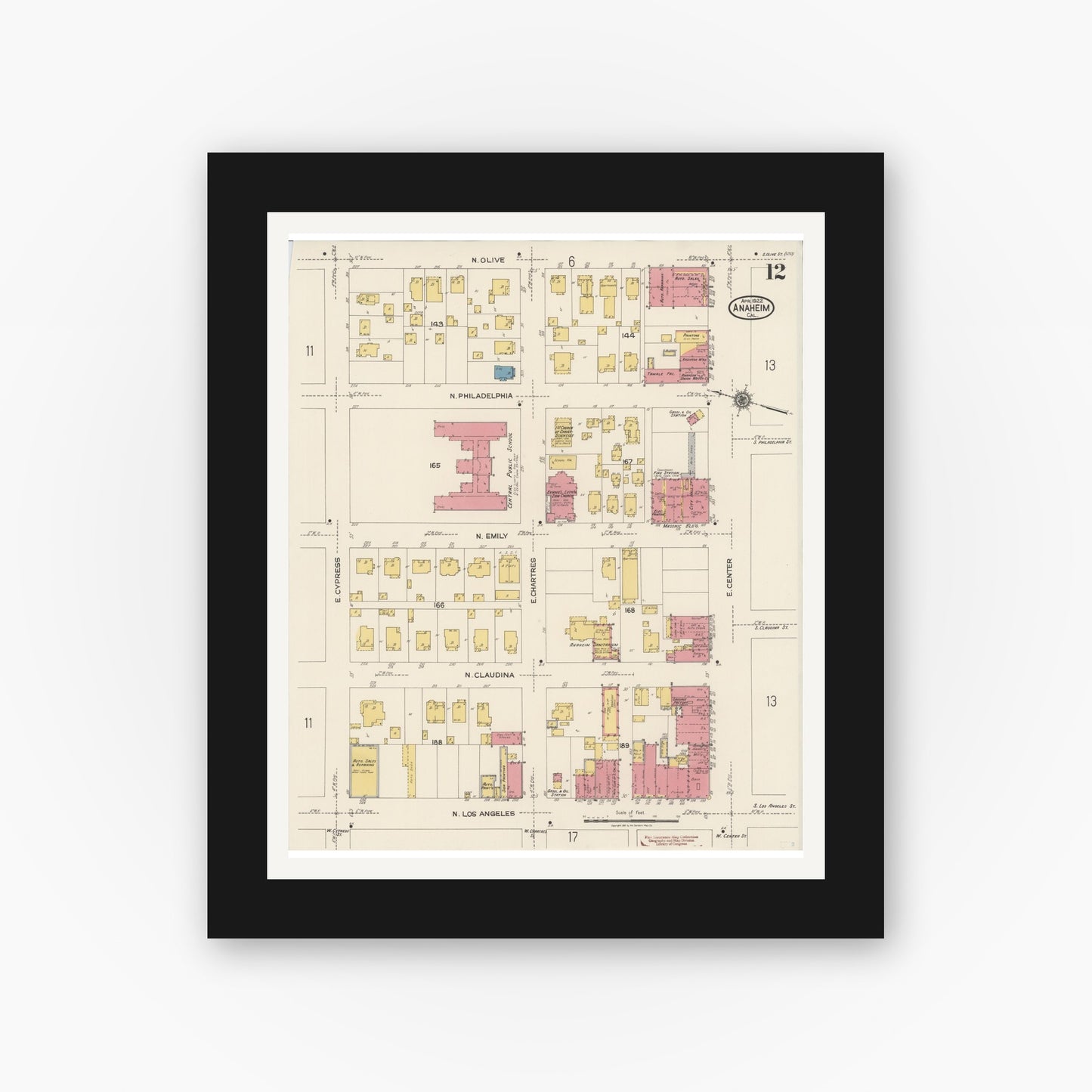 Old map wall art mockup — black gallery frame with white mat — Sanborn Fire Insurance Map from Anaheim, Orange County, California (1922), Sheet #0012