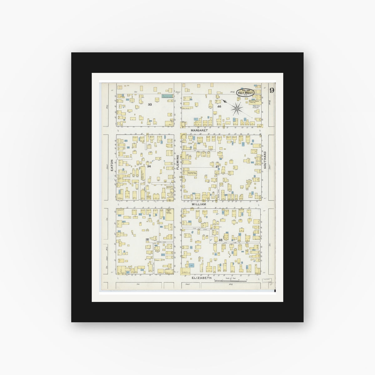 Old map wall art mockup — black gallery frame with white mat — Sanborn Fire Insurance Map from Key West, Monroe County, Florida (1892), Sheet #0009