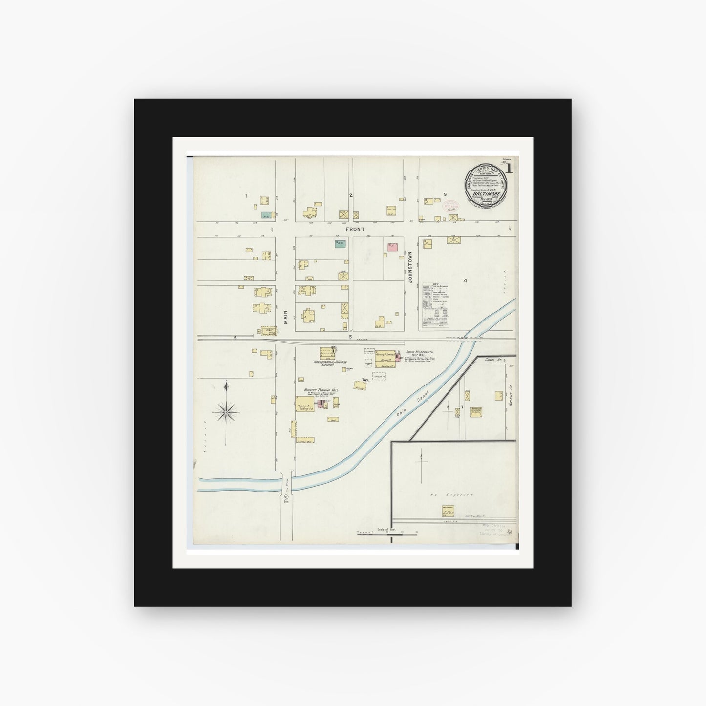 Old map wall art mockup — black gallery frame with white mat — Sanborn Fire Insurance Map from Baltimore, Fairfield County, Ohio (1895) - Complete Map Set