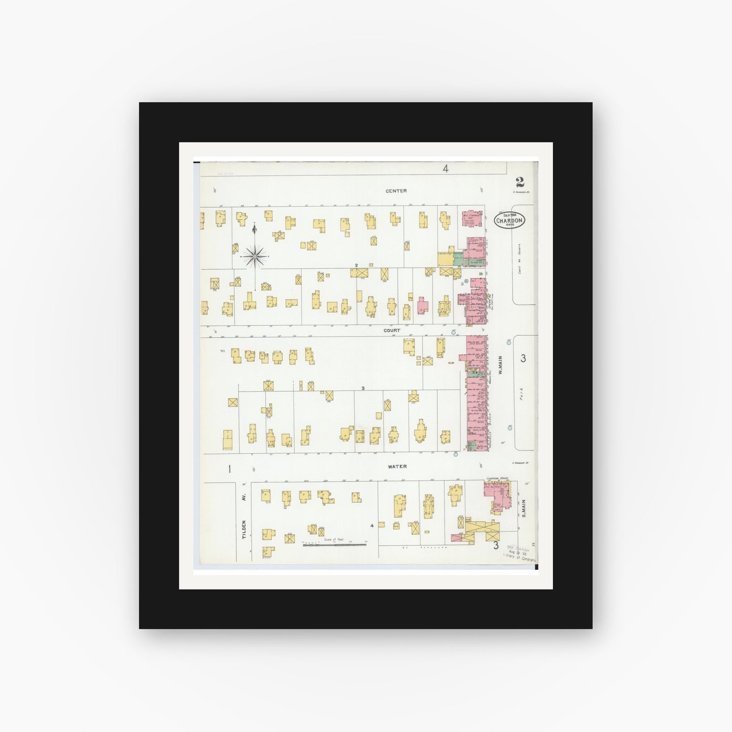 Old map wall art mockup — black gallery frame with white mat — Sanborn Fire Insurance Map from Chardon, Geauga County, Ohio (1904), Sheet #0002