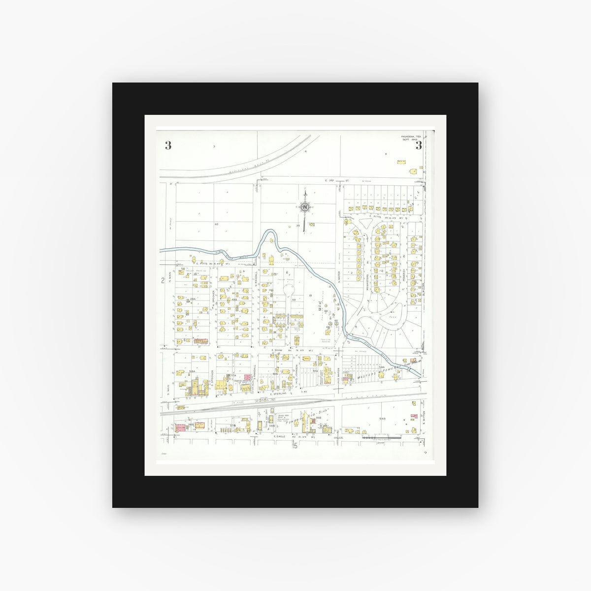 Old map wall art mockup — black gallery frame with white mat — Sanborn Fire Insurance Map from Pasadena, Harris County, Texas (1943), Sheet #0003