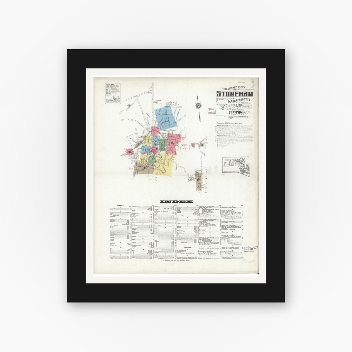 Old map wall art mockup — black gallery frame with white mat — Sanborn Fire Insurance Map from Stoneham, Middlesex County, Massachusetts (1916) - Complete Map Set