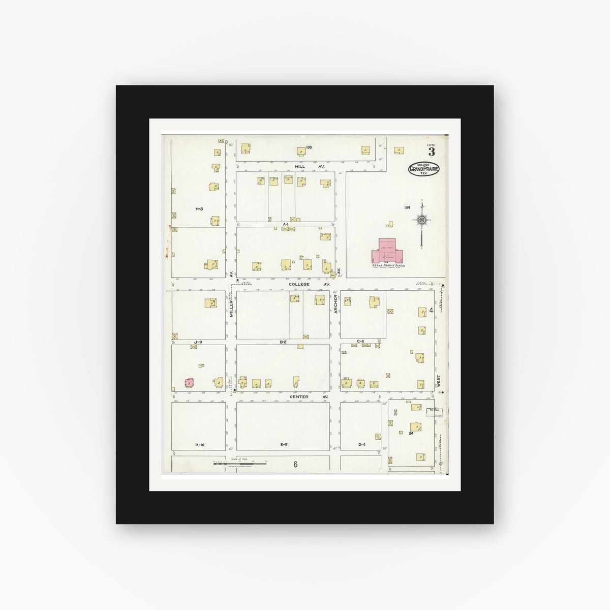 Old map wall art mockup — black gallery frame with white mat — Sanborn Fire Insurance Map from Grand Prairie, Dallas County, Texas (1920), Sheet #0003