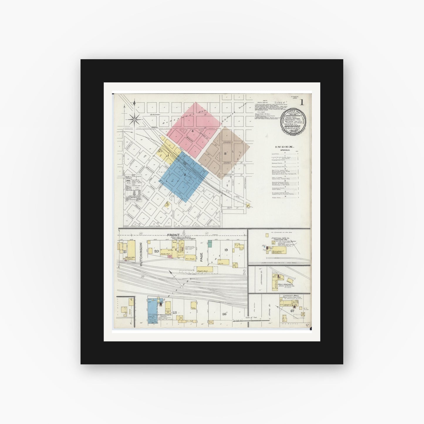 Old map wall art mockup — black gallery frame with white mat — Sanborn Fire Insurance Map from Harvard, McHenry County, Illinois (1892), Sheet #0001