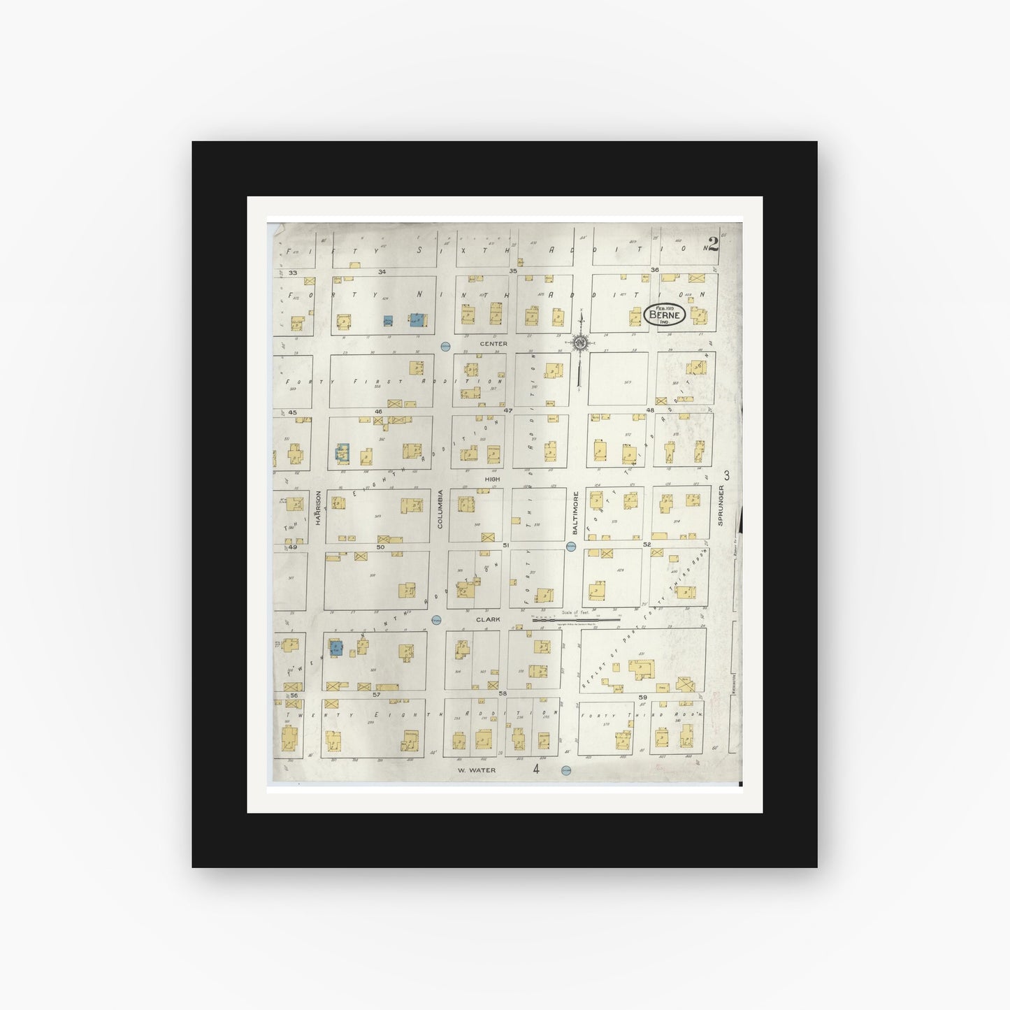 Old map wall art mockup — black gallery frame with white mat — Sanborn Fire Insurance Map from Berne, Adams County, Indiana (1919), Sheet #0002