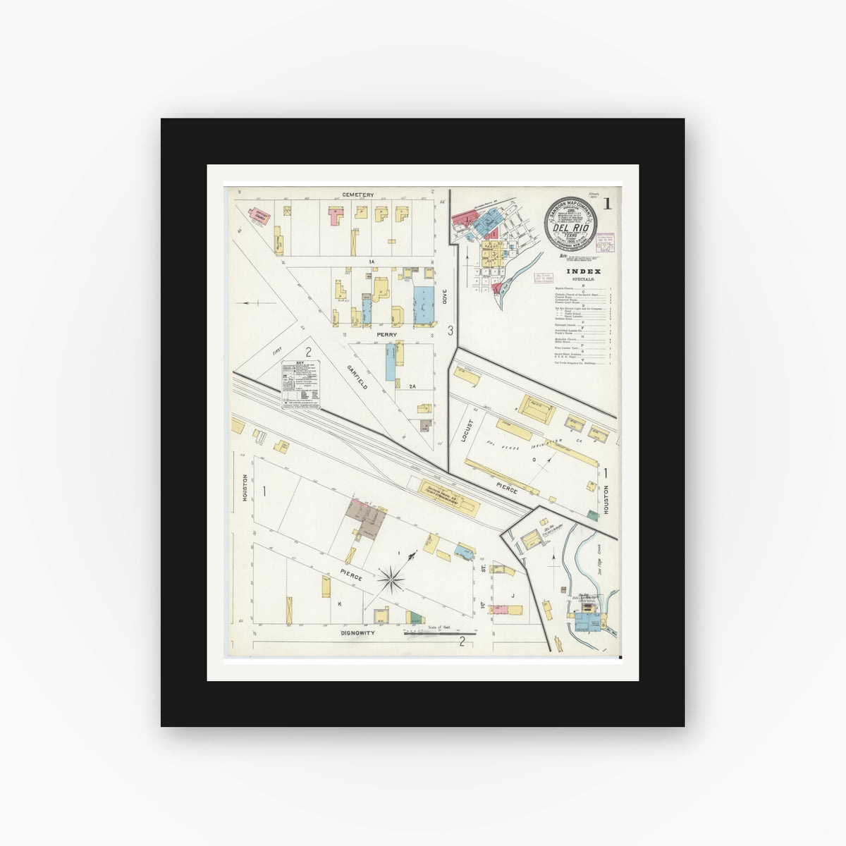 Old map wall art mockup — black gallery frame with white mat — Sanborn Fire Insurance Map from Del Rio, Val Verde County, Texas (1905), Sheet #0001