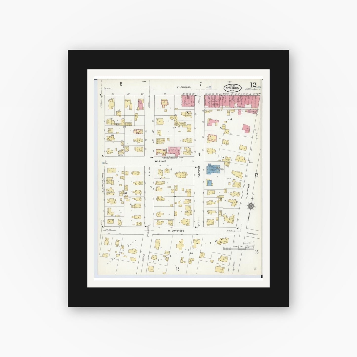 Old map wall art mockup — black gallery frame with white mat — Sanborn Fire Insurance Map from Sturgis, Saint Joseph County, Michigan (1911), Sheet #0012