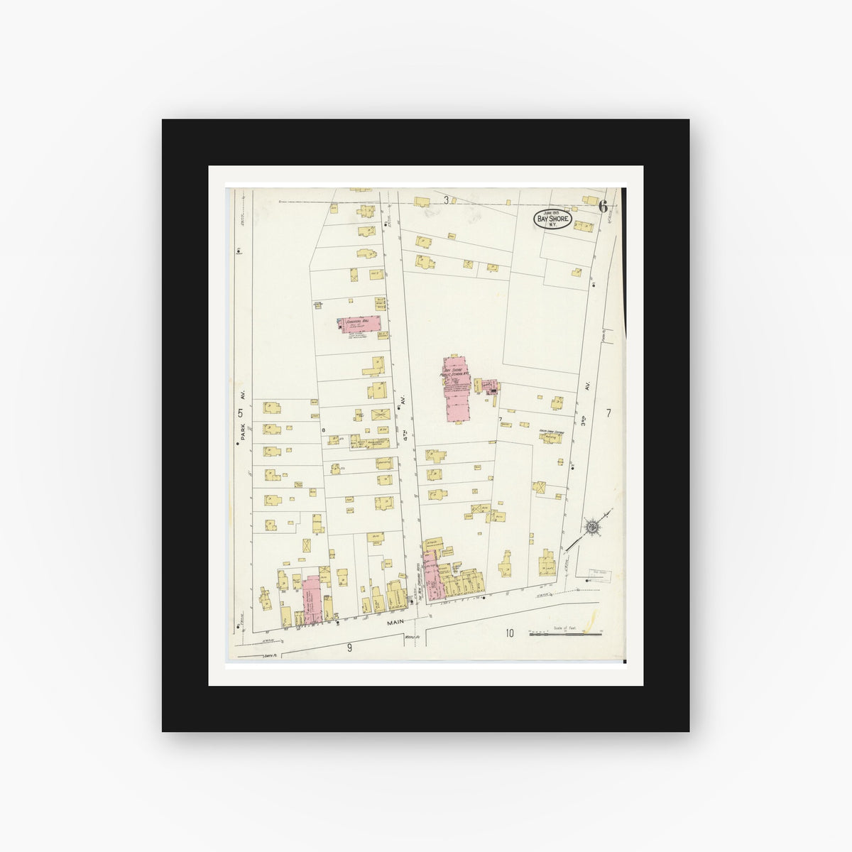 Old map wall art mockup — black gallery frame with white mat — Sanborn Fire Insurance Map from Bay Shore, Suffolk County, New York (1915), Sheet #0006