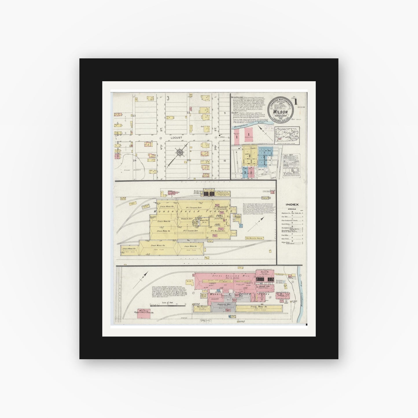 Old map wall art mockup — black gallery frame with white mat — Sanborn Fire Insurance Map from Wilson, Allegheny County, Pennsylvania (1915), Sheet #0001
