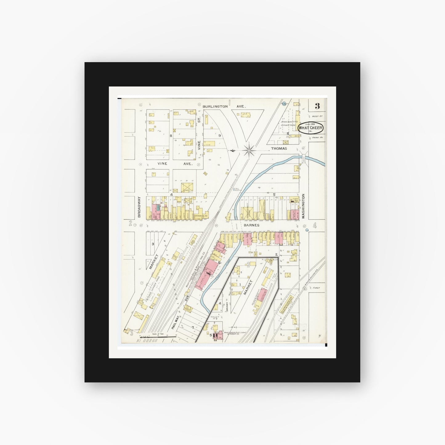 Old map wall art mockup — black gallery frame with white mat — Sanborn Fire Insurance Map from What Cheer, Keokuk County, Iowa (1893), Sheet #0003